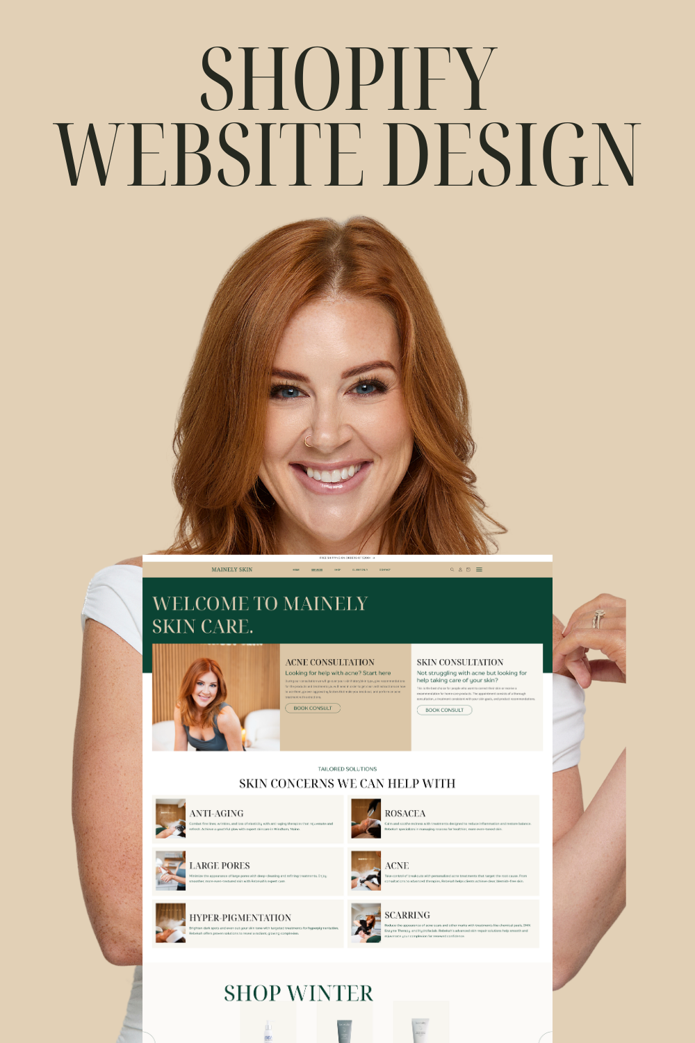 Shopify website design promo with a smiling woman holding a website mockup on a beige background