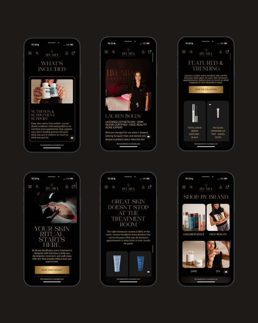 Six dark-themed smartphone screens showing a gold-accented app or website interface.