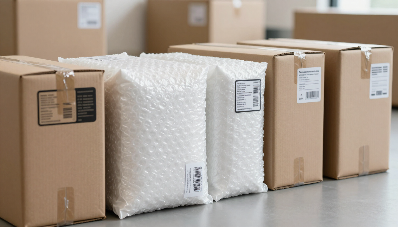 Cardboard shipping boxes and a bubble-wrapped package lined up on a warehouse floor.