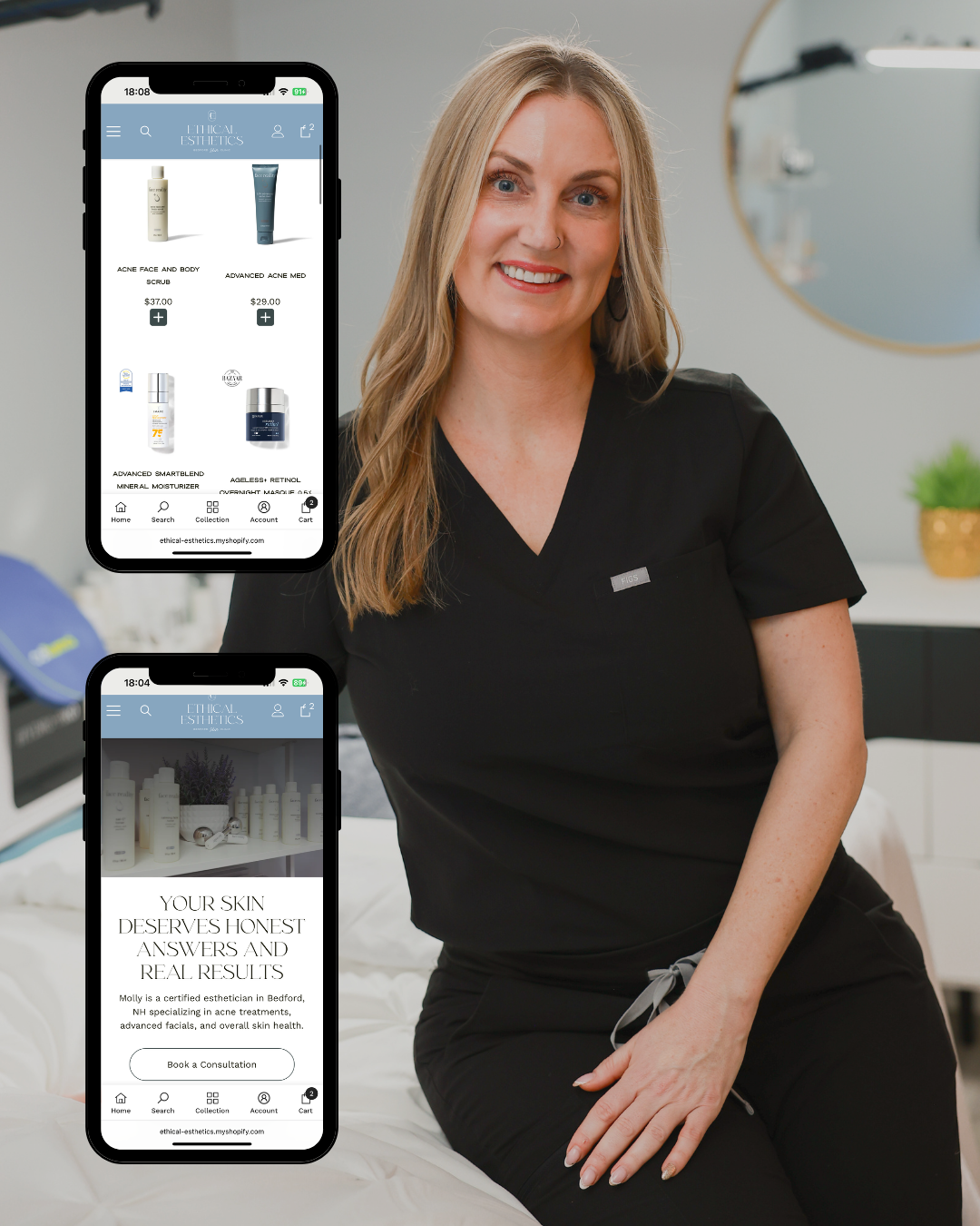 Woman in black scrubs seated beside two smartphone screens displaying a salon booking app