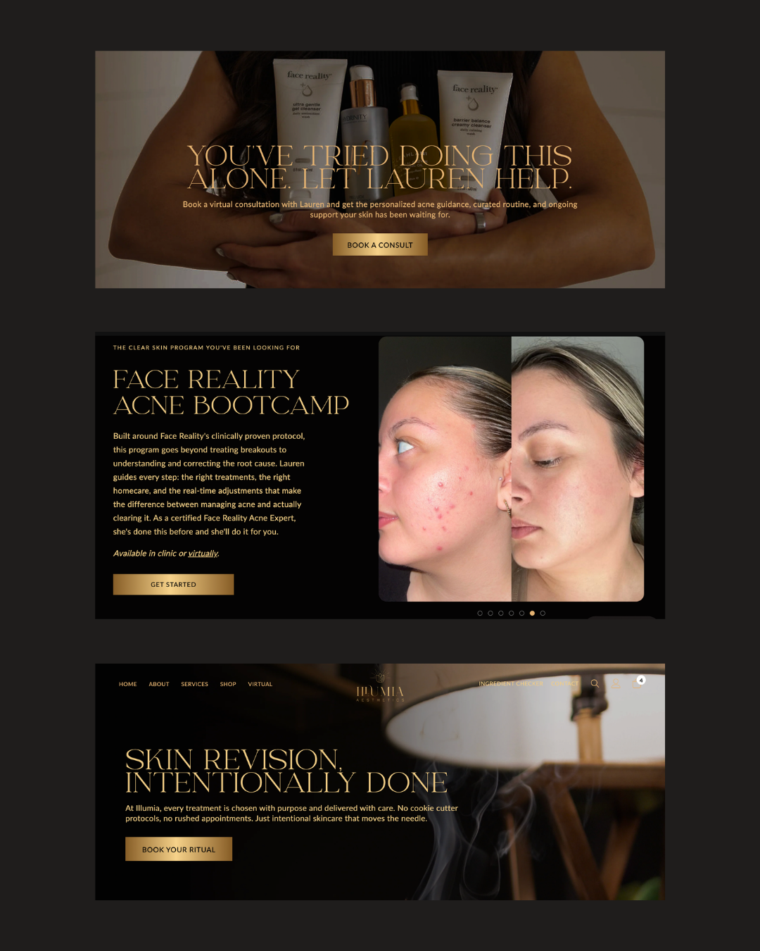 Dark beauty website banner with skincare product bottles and two model profiles on black background