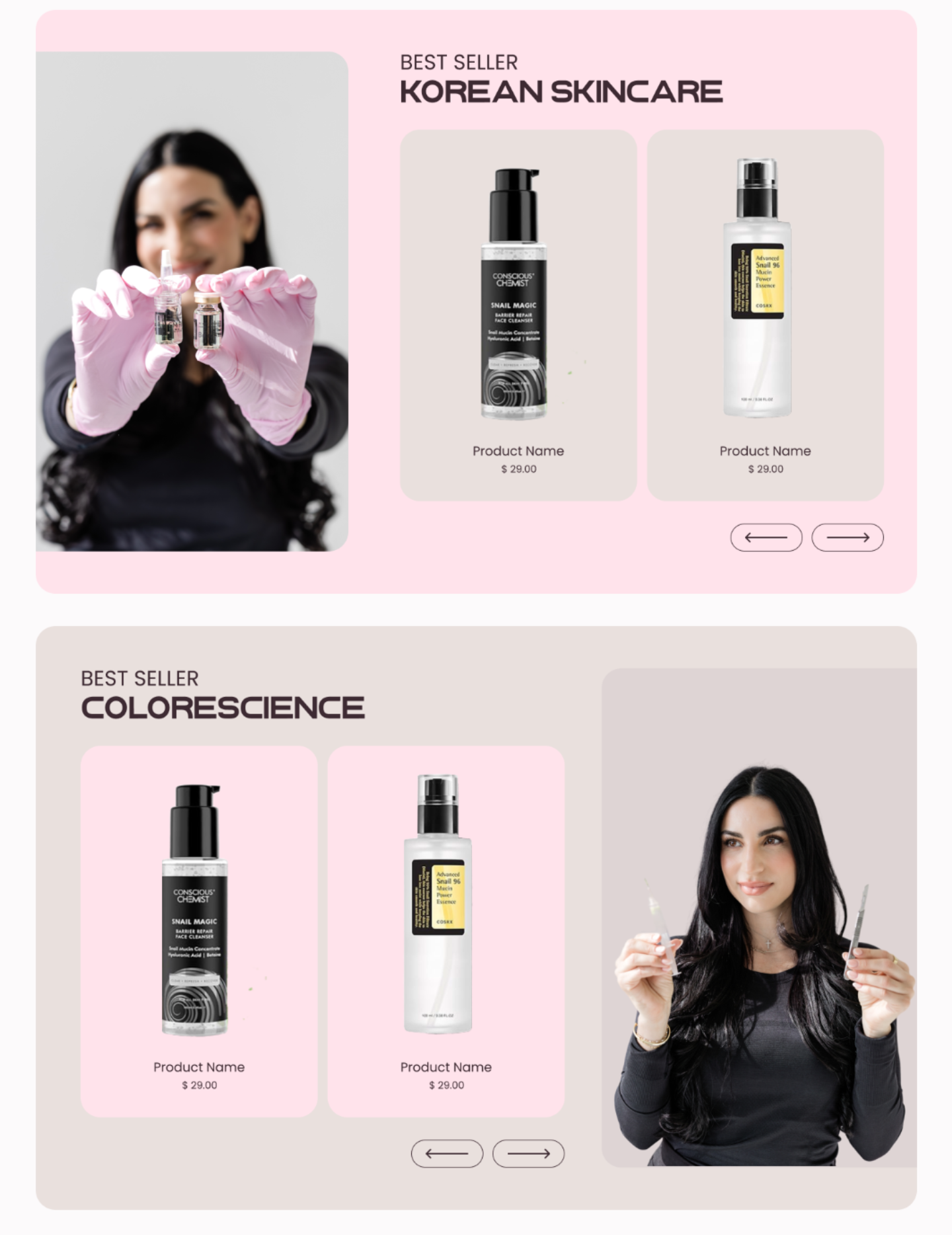 Two skincare product mockups in pink and beige layouts with a woman holding pink gloves and serum bottles