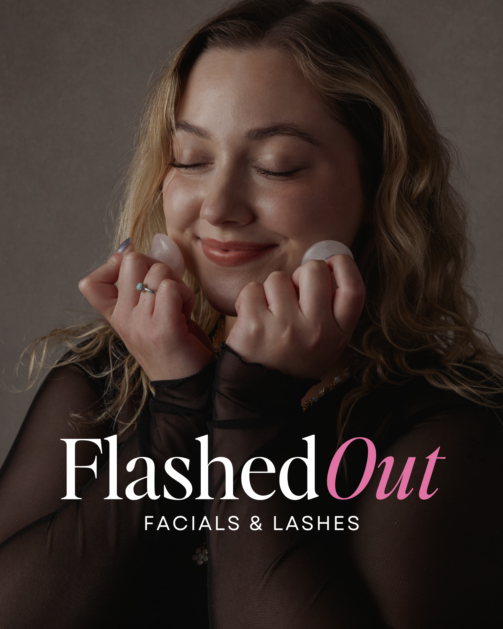 Woman smiling with eyes closed, holding cotton pads, with “Flashed Out Facials & Lashes” text overlay