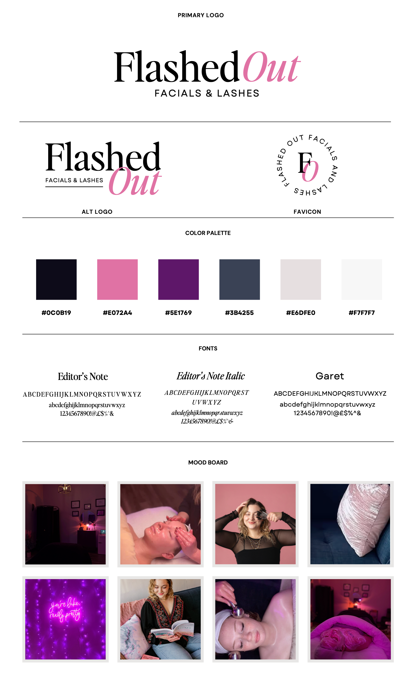 Flashed Out brand style board with logo, mauve and black palette, typography, and photo mood board