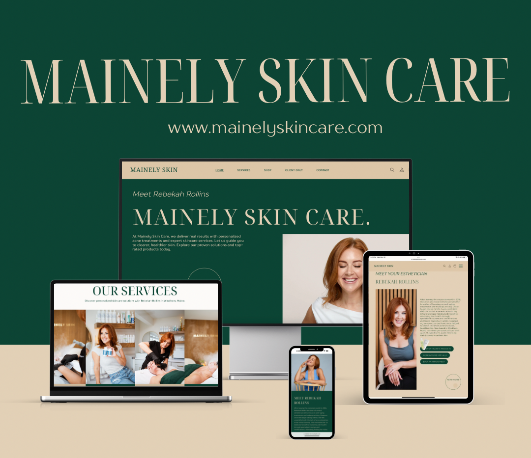Website mockup for “Mainly Skin Care” on green background with laptop, tablet, and phone displays