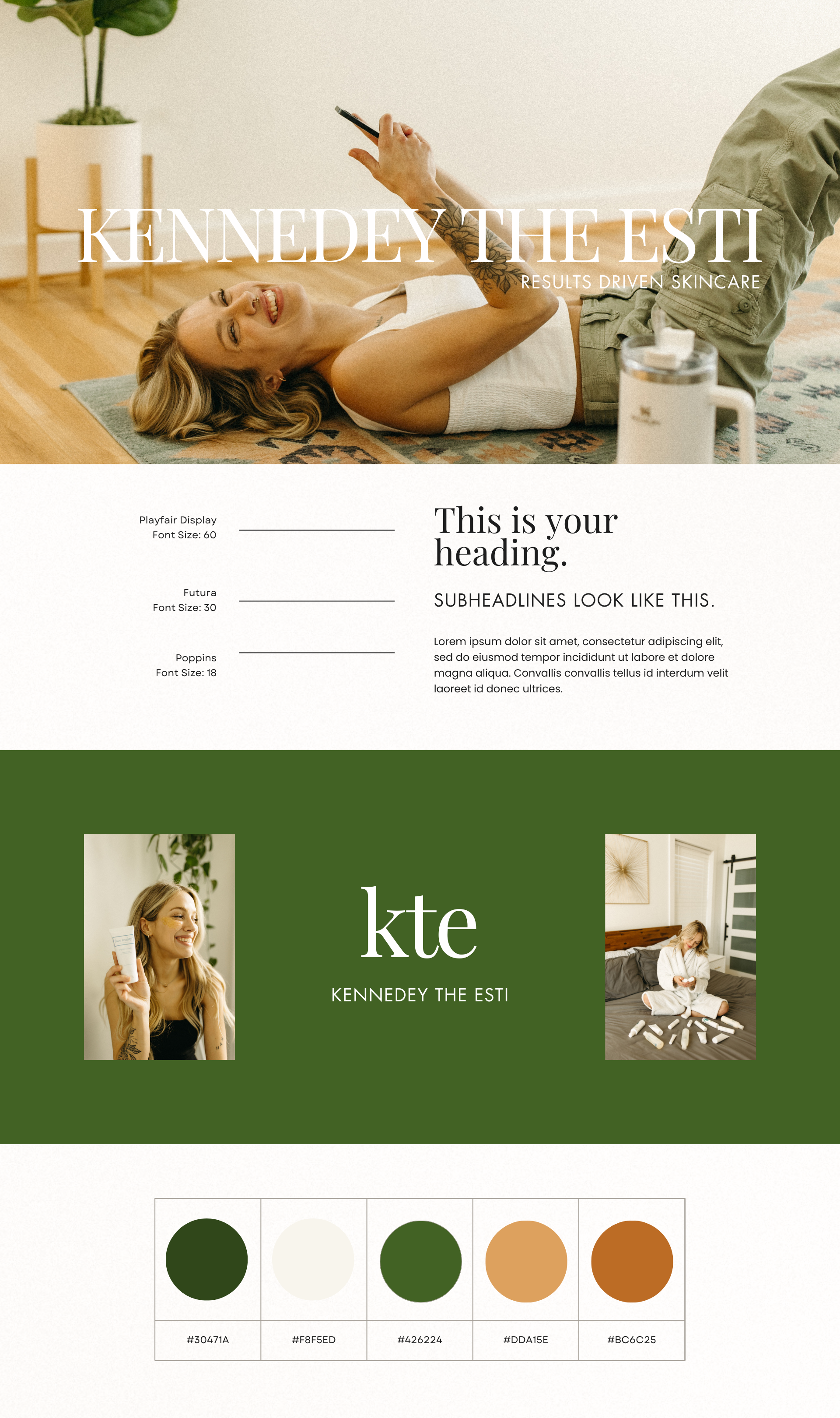 Woman smiling, holding phone, on rug in light-filled space; brand logo and color palette.