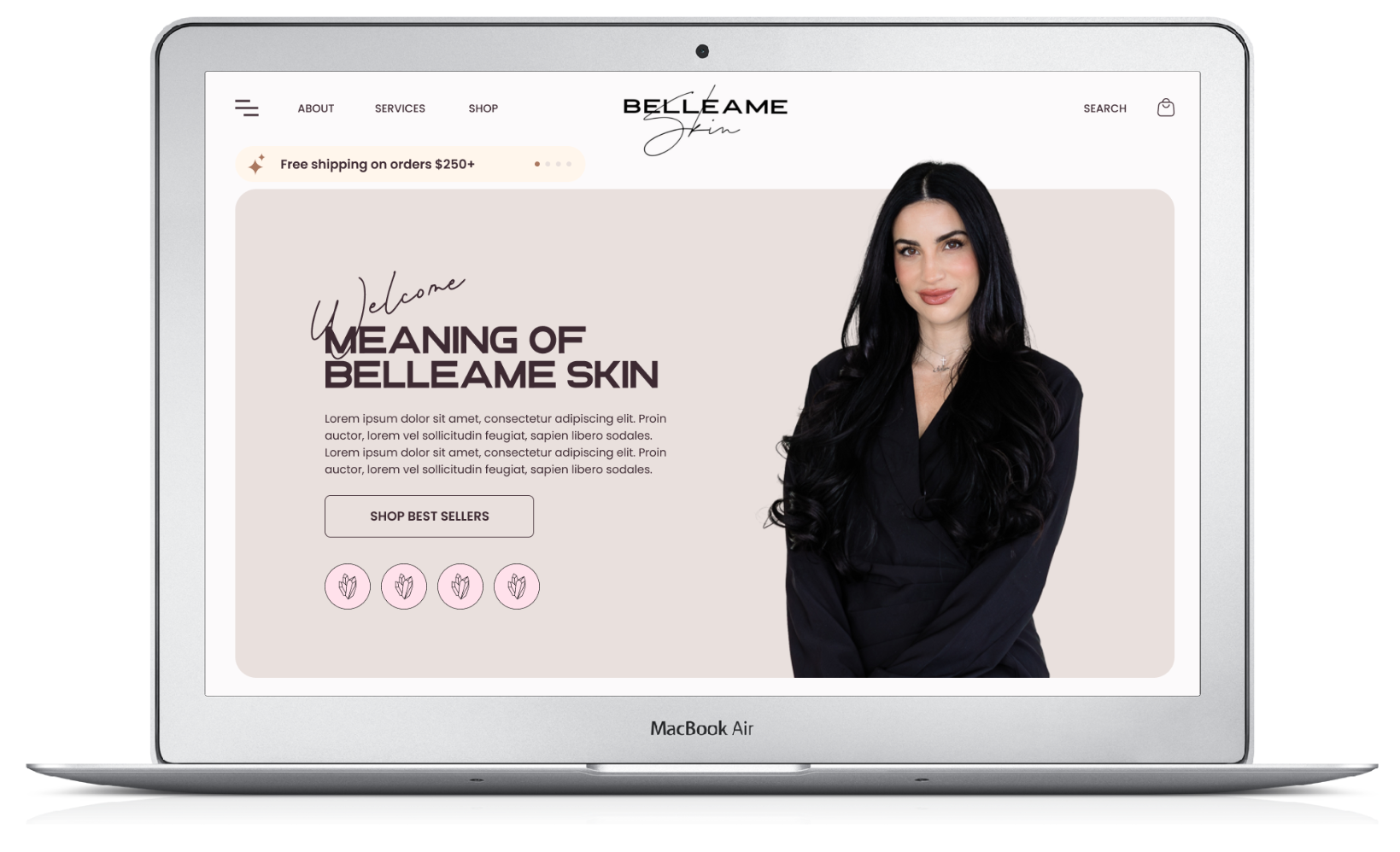 Laptop displaying a beige skincare website homepage with a model and the headline “Meaning of Belleame Skin”