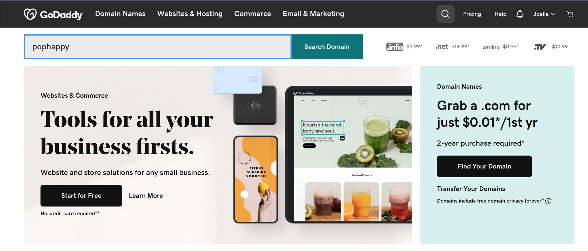 screenshot of godaddy home page