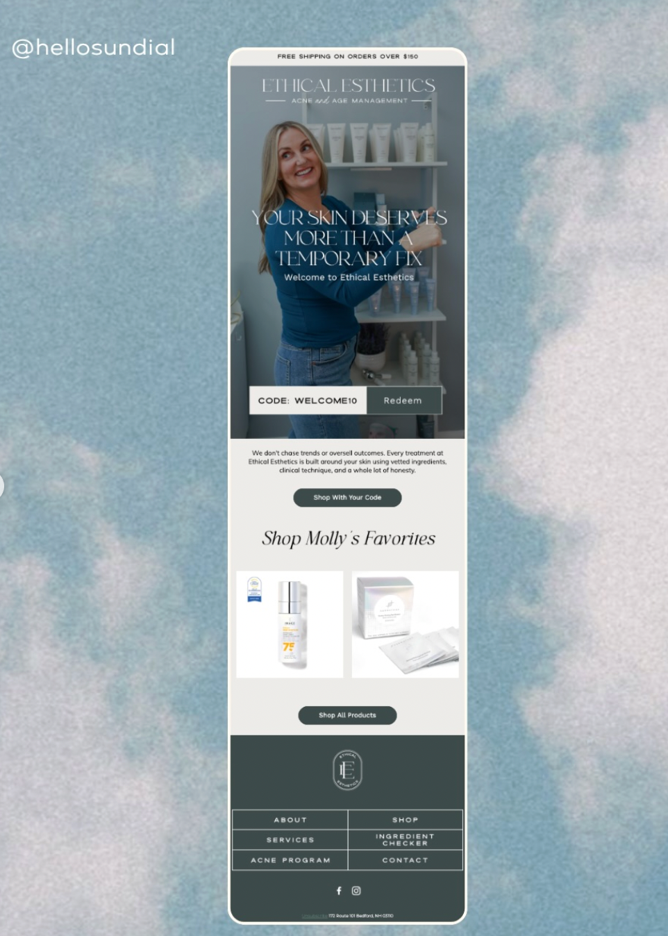 Beauty product promo with woman in blue sweater beside skincare products and offers on a white/blue layout