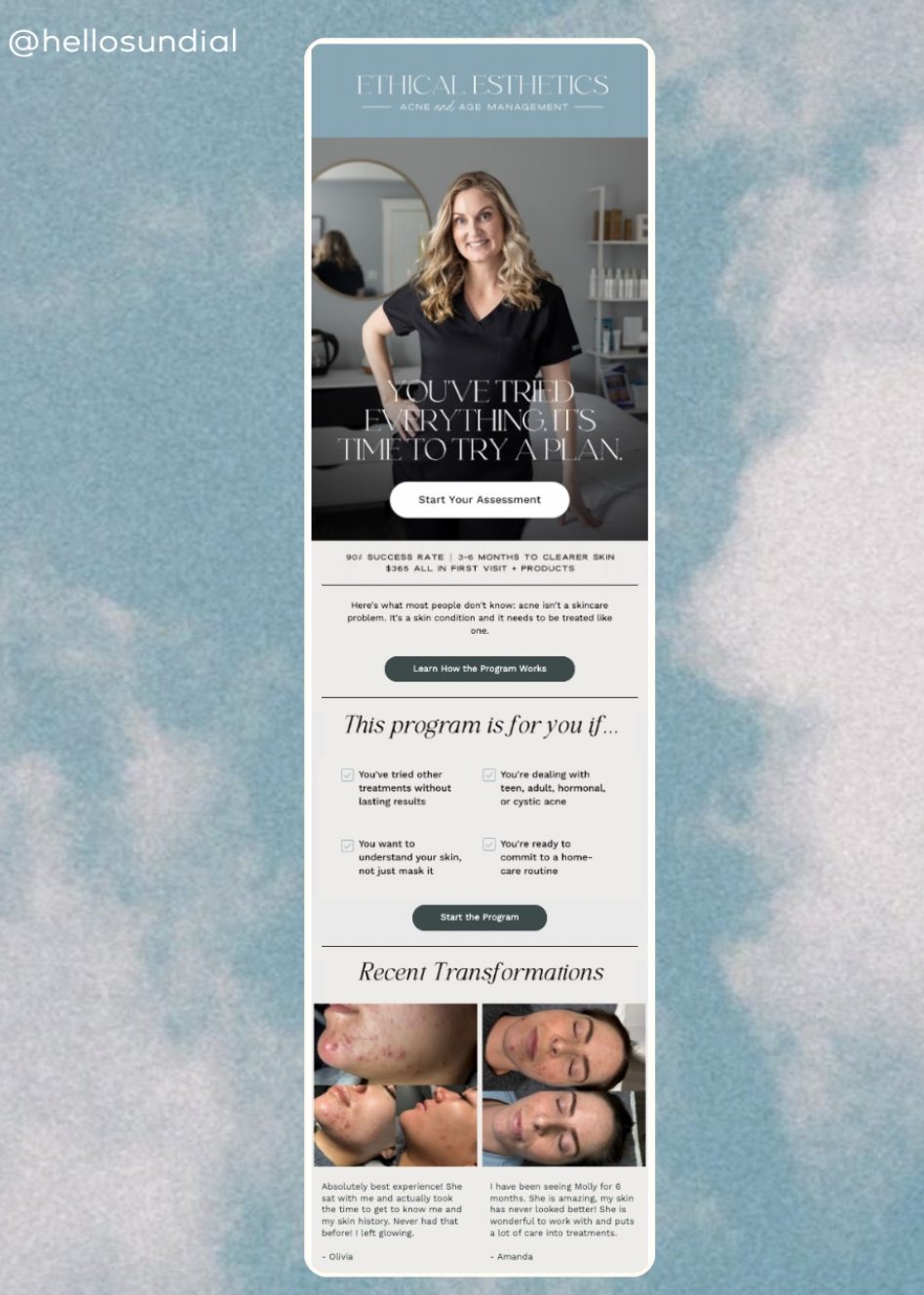 Tall website mockup on blue background with skincare consultation and eyebrow transformation sections