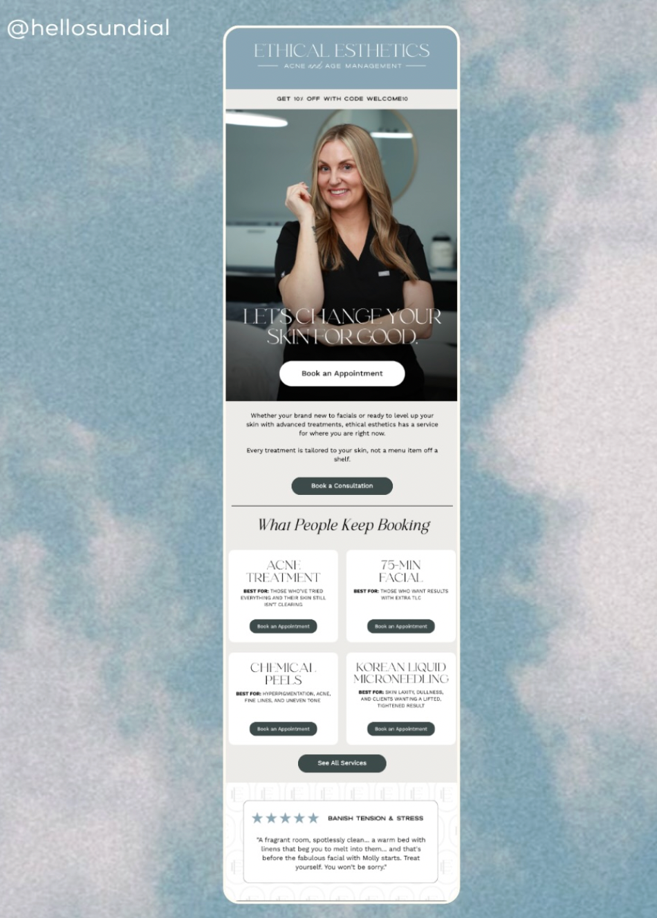 Website mockup with smiling woman, services list, and pricing cards on a blue cloud-like background