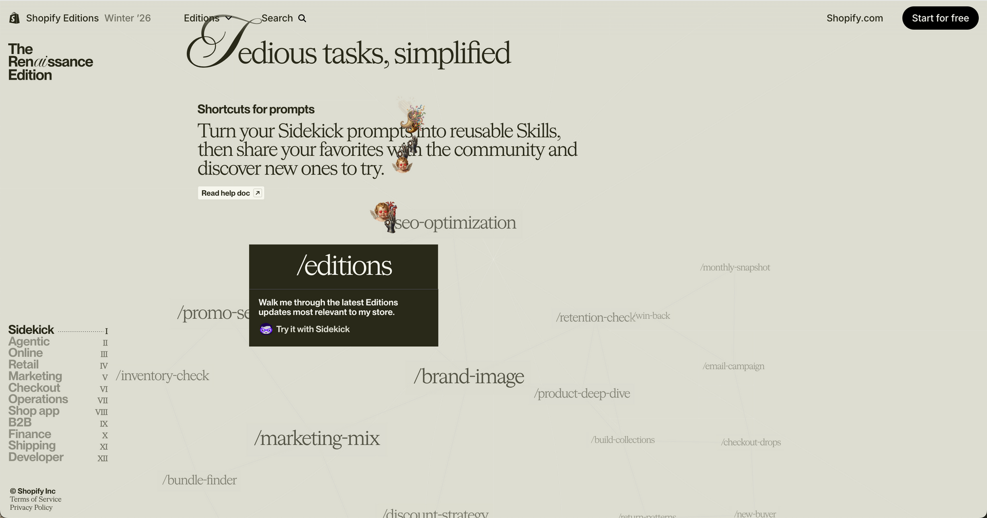 Minimal beige website homepage with headline “serious tasks, simplified” and a central dark button.