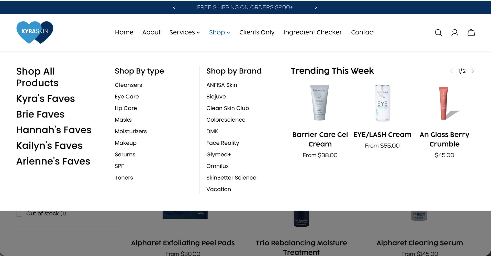Website dropdown menu showing Shop All categories and skincare product thumbnails on a white background