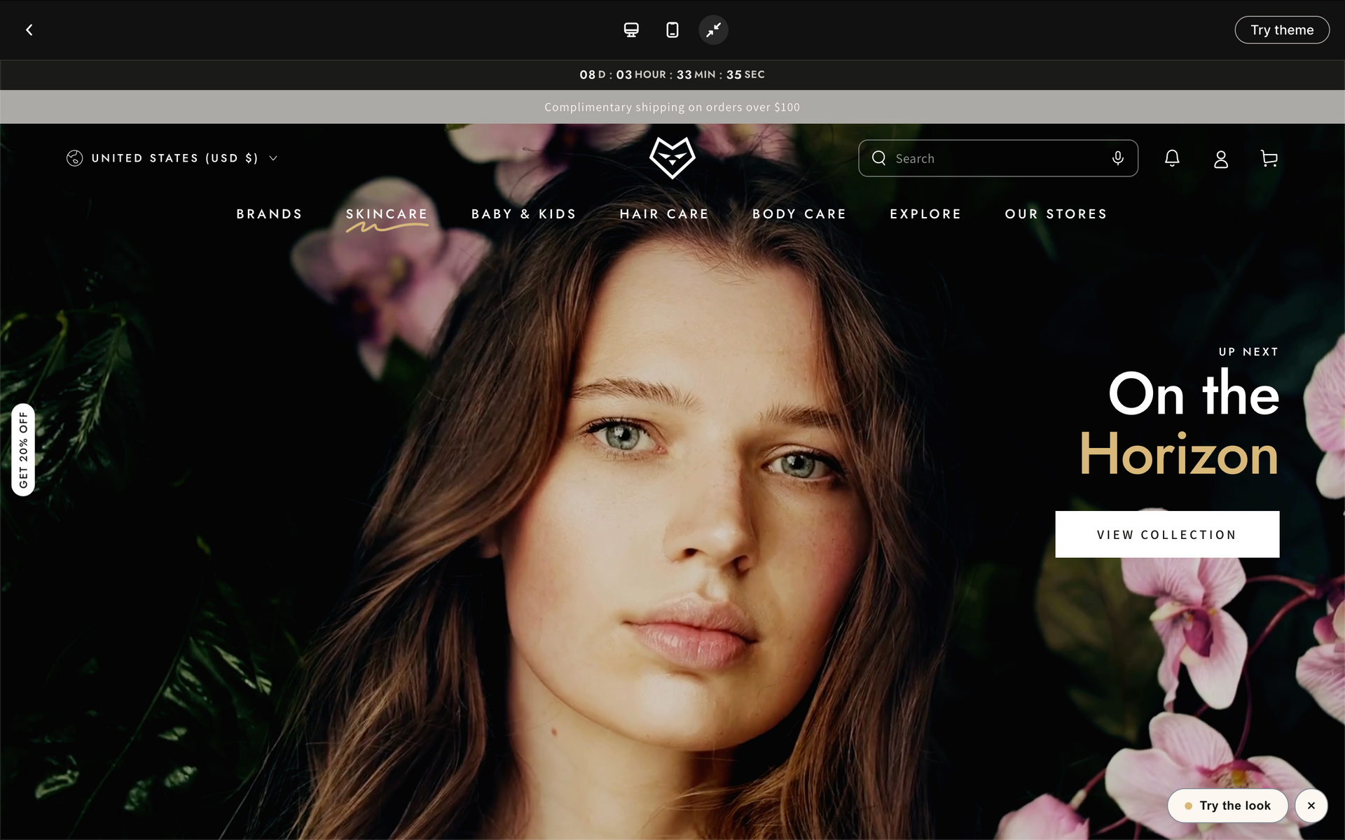 Website hero banner with a woman’s face and the text “On the Horizon” on a dark background