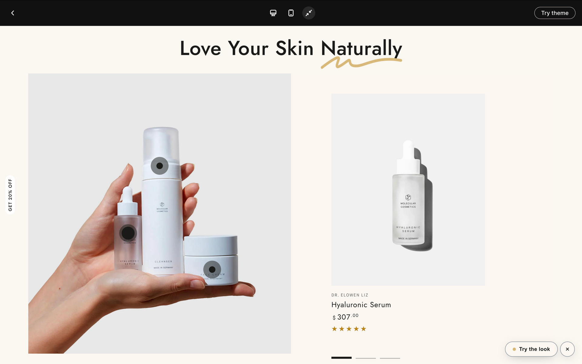 Hand holding a white skincare device beside a white cosmetic bottle on a beige website banner with “Love Your Skin Naturally” text