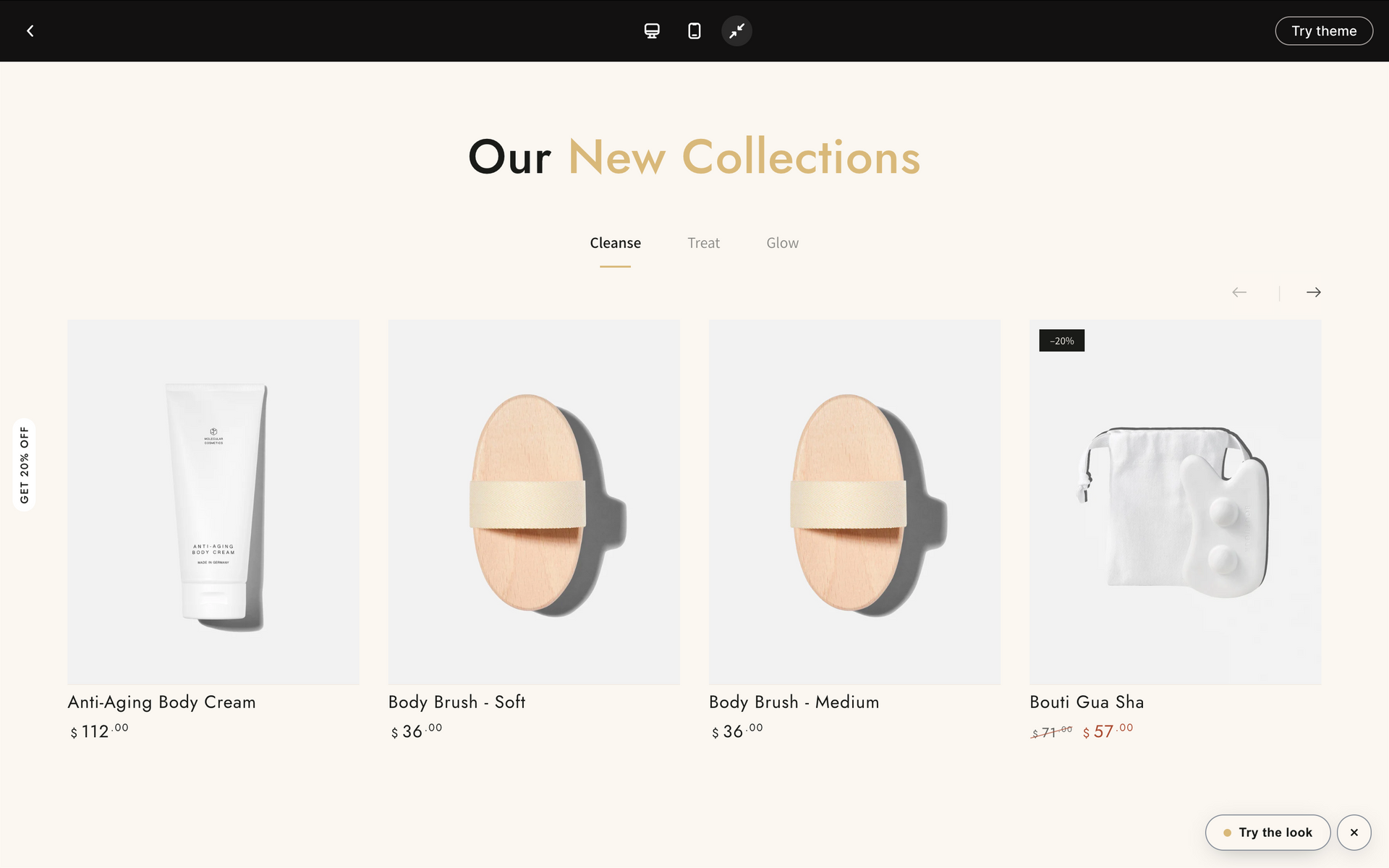 Online cosmetics storefront showing “Our New Collections” with product cards on a light beige background