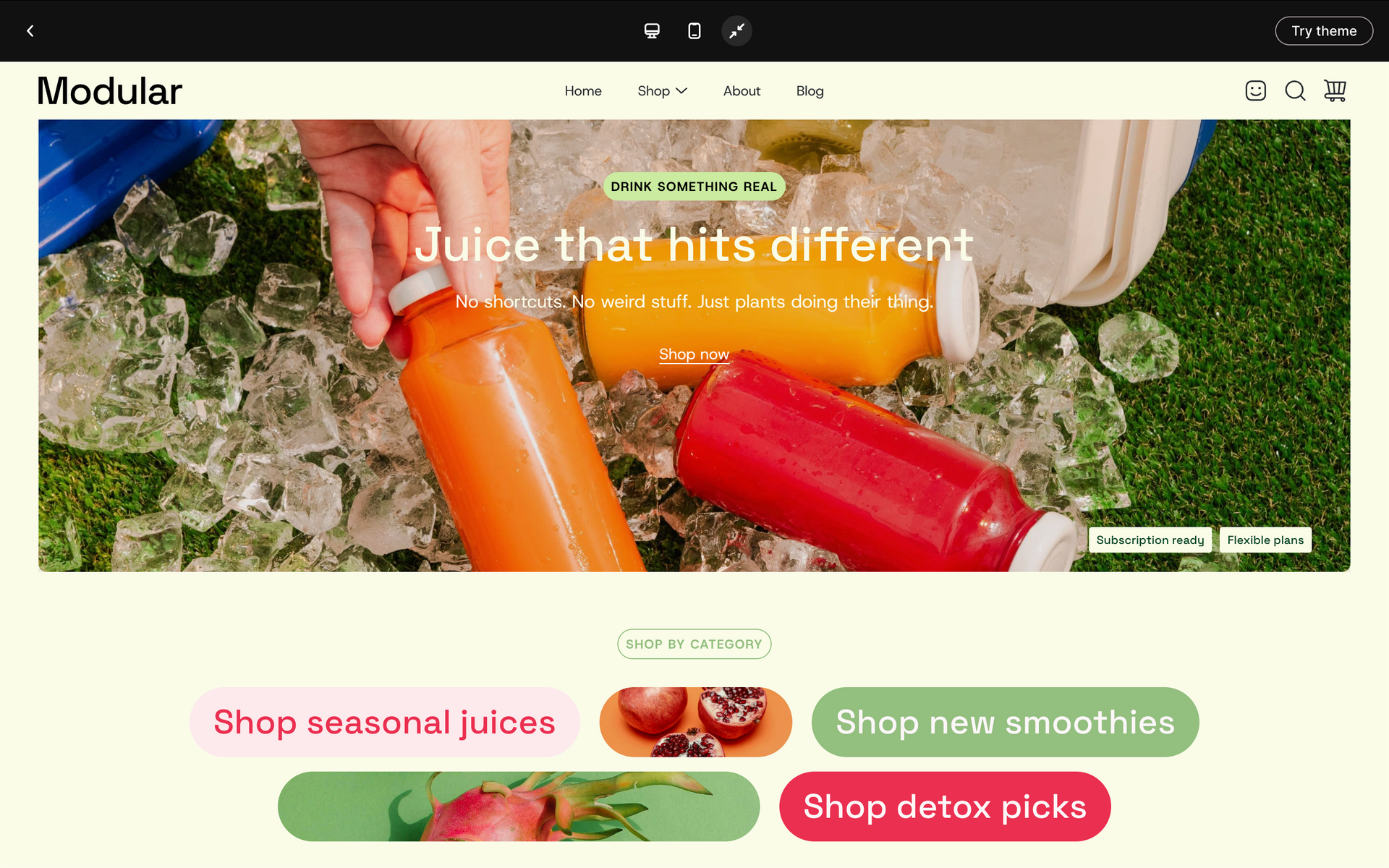 Homepage banner with colorful bottled juices on ice and “Juice that hits different” text, plus shop buttons