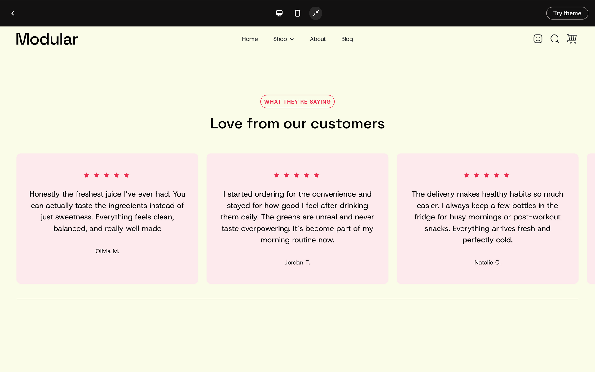 Customer testimonials section on a pale cream website, with three pink review cards under the heading