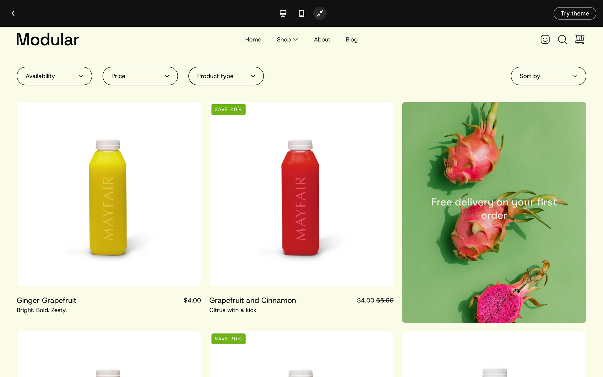 E-commerce product grid showing colorful bottles and green bottles with red fruit on the side