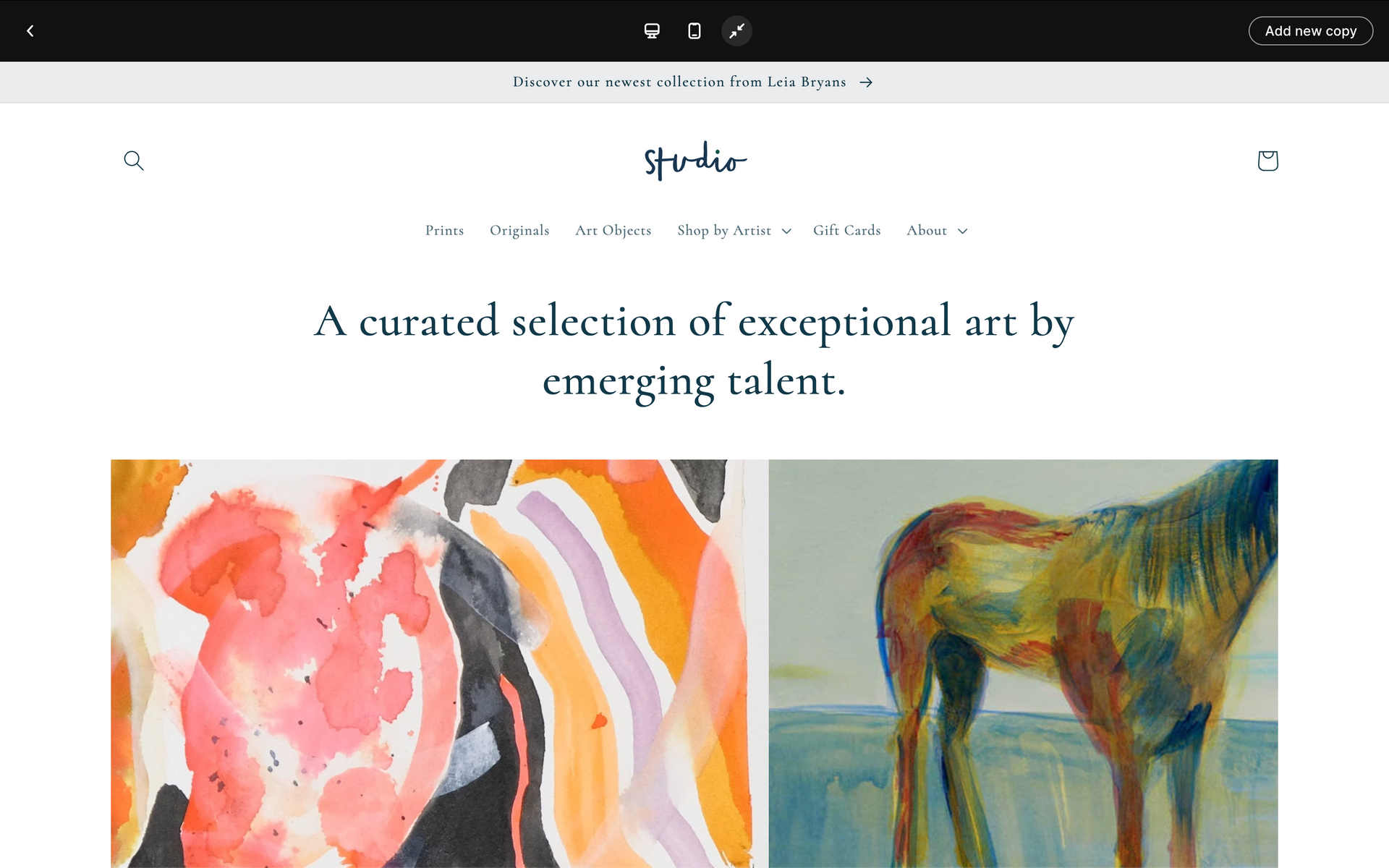 Gallery webpage with the headline “A curated selection of exceptional art by emerging talent” and two abstract paintings.