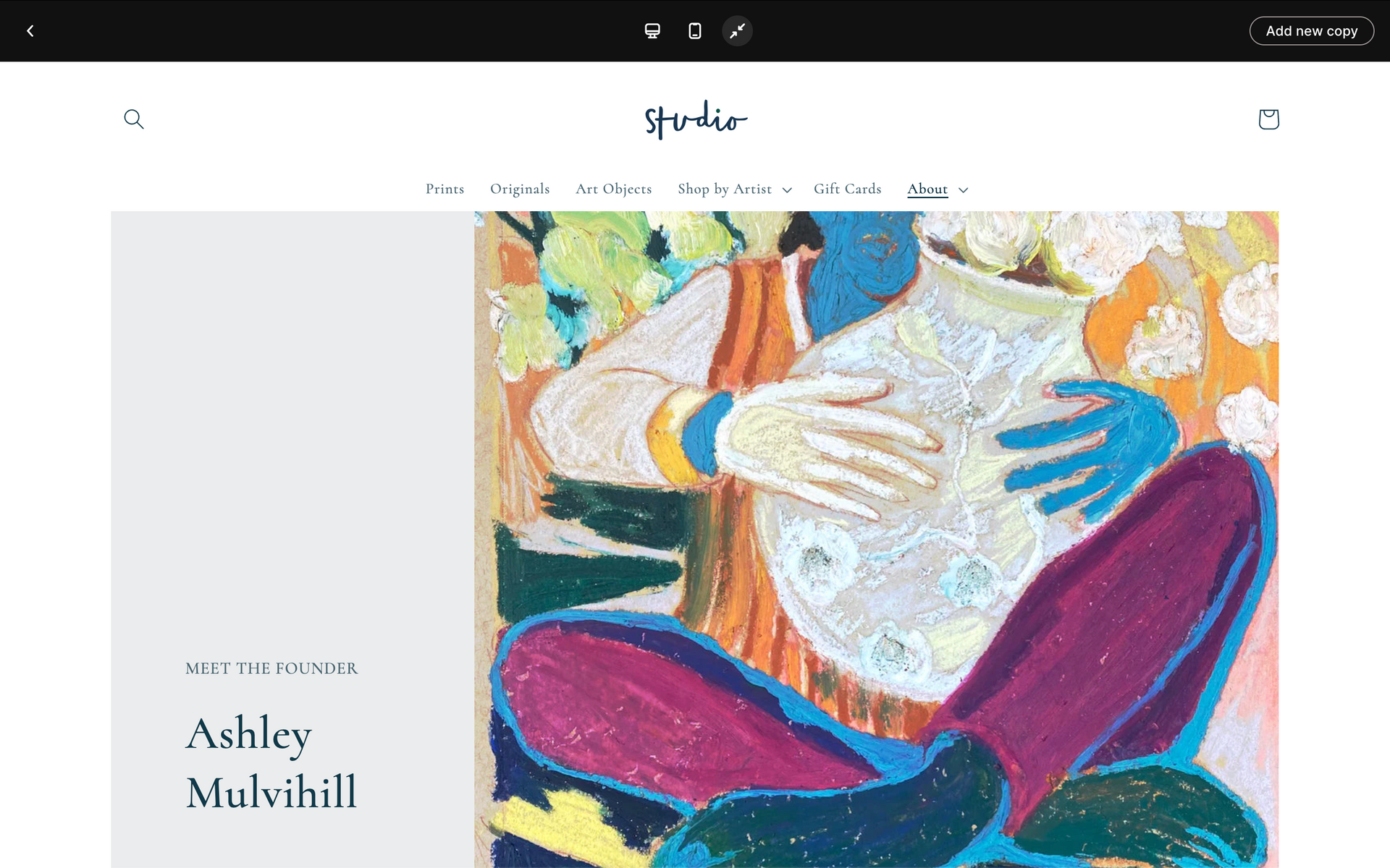 Website homepage with a colorful abstract painting of a seated figure and the text “Ashley Mulhall”