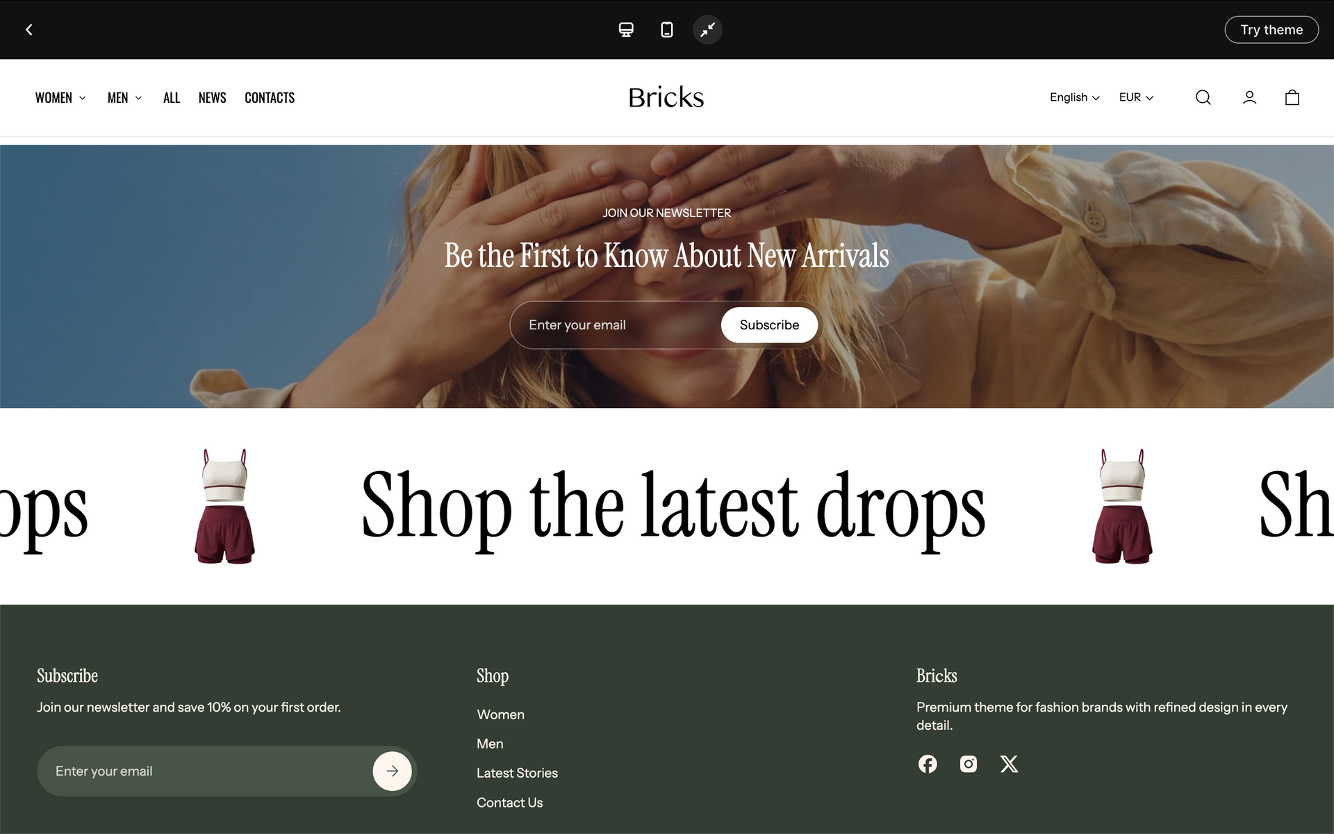 Fashion e-commerce homepage with hero banner, “Shop the latest drops” promo, and navigation icons