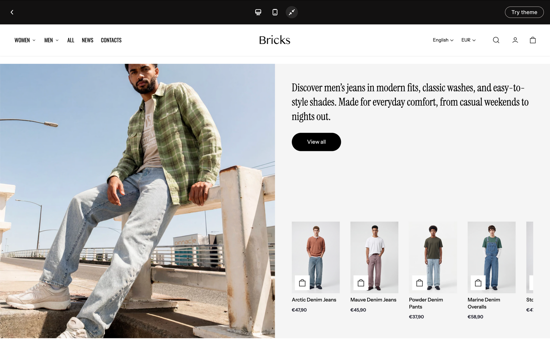 Fashion retail homepage with a man in a green jacket and jeans, plus product thumbnails on the right
