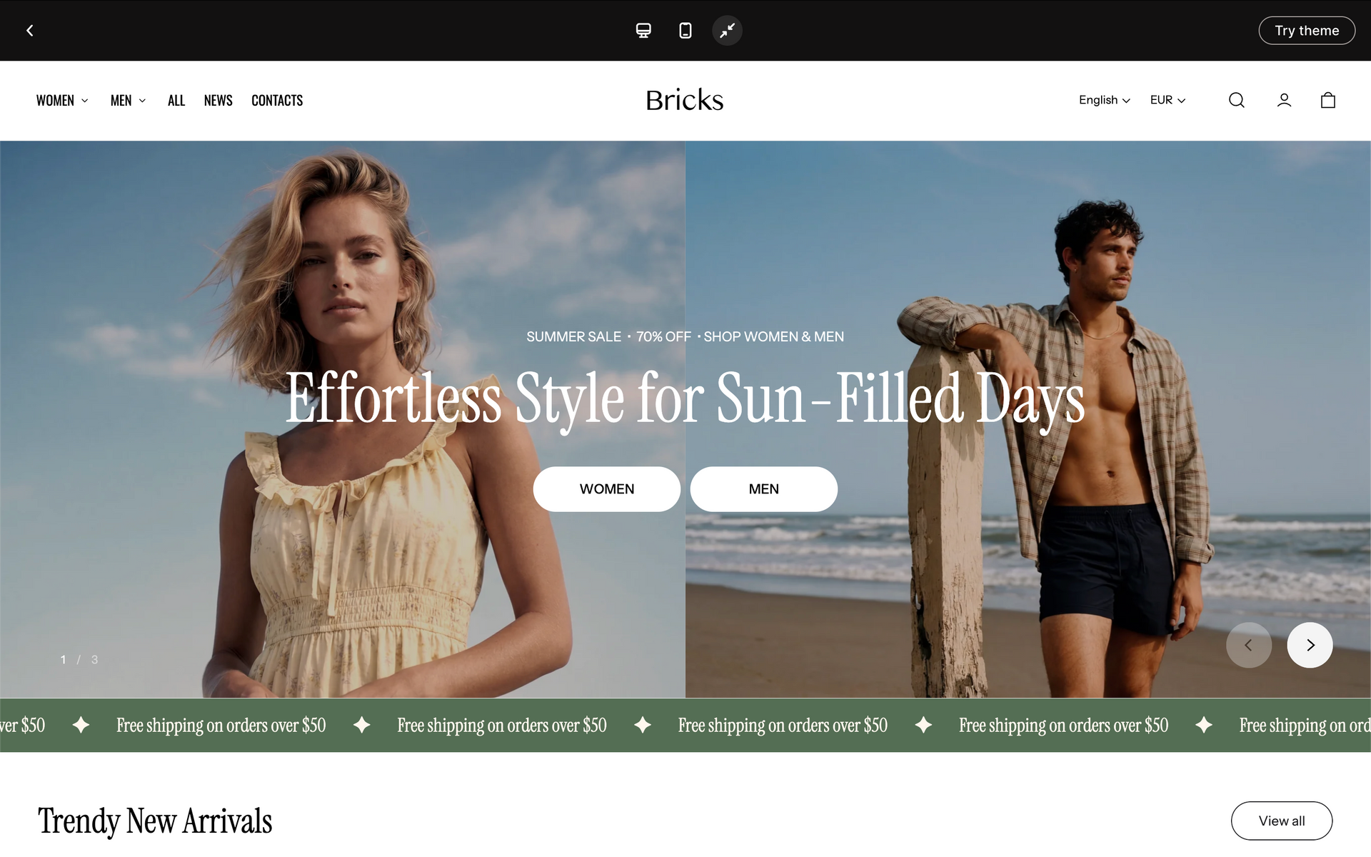 Fashion homepage hero banner with two models in beige and black summer outfits on a beach backdrop