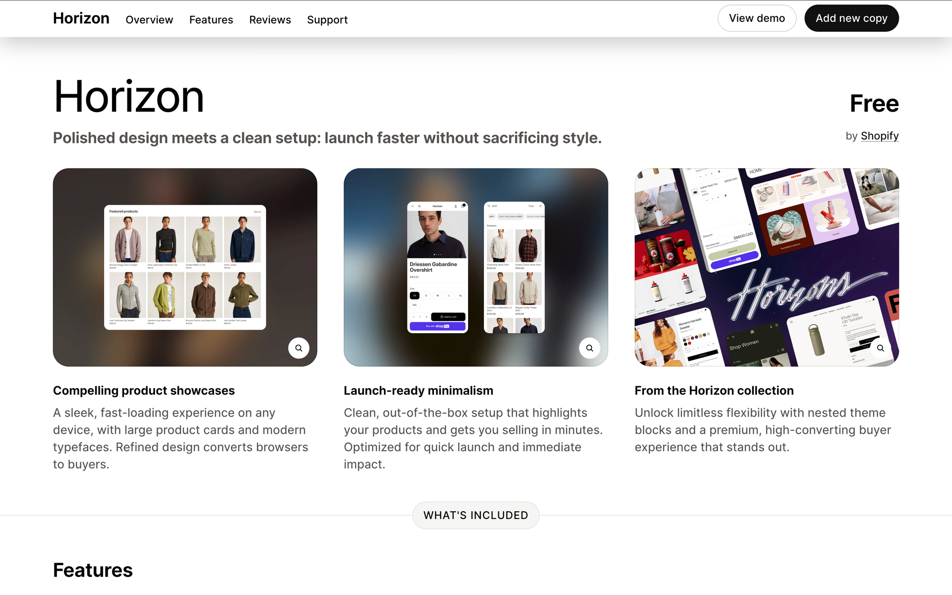 Website landing page for “Horizon” with three product mockups and a “Free” label