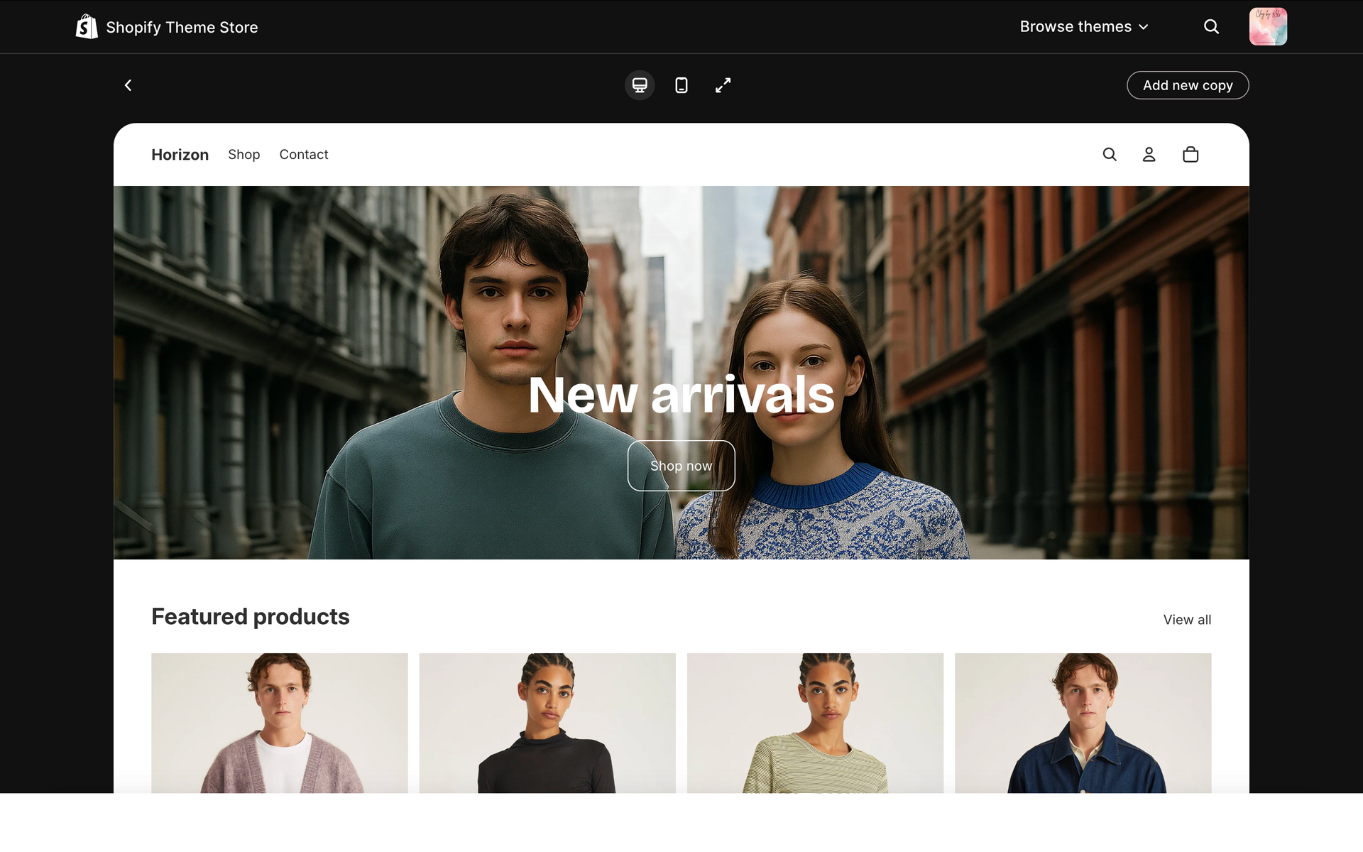 Fashion shopping webpage with hero banner and
