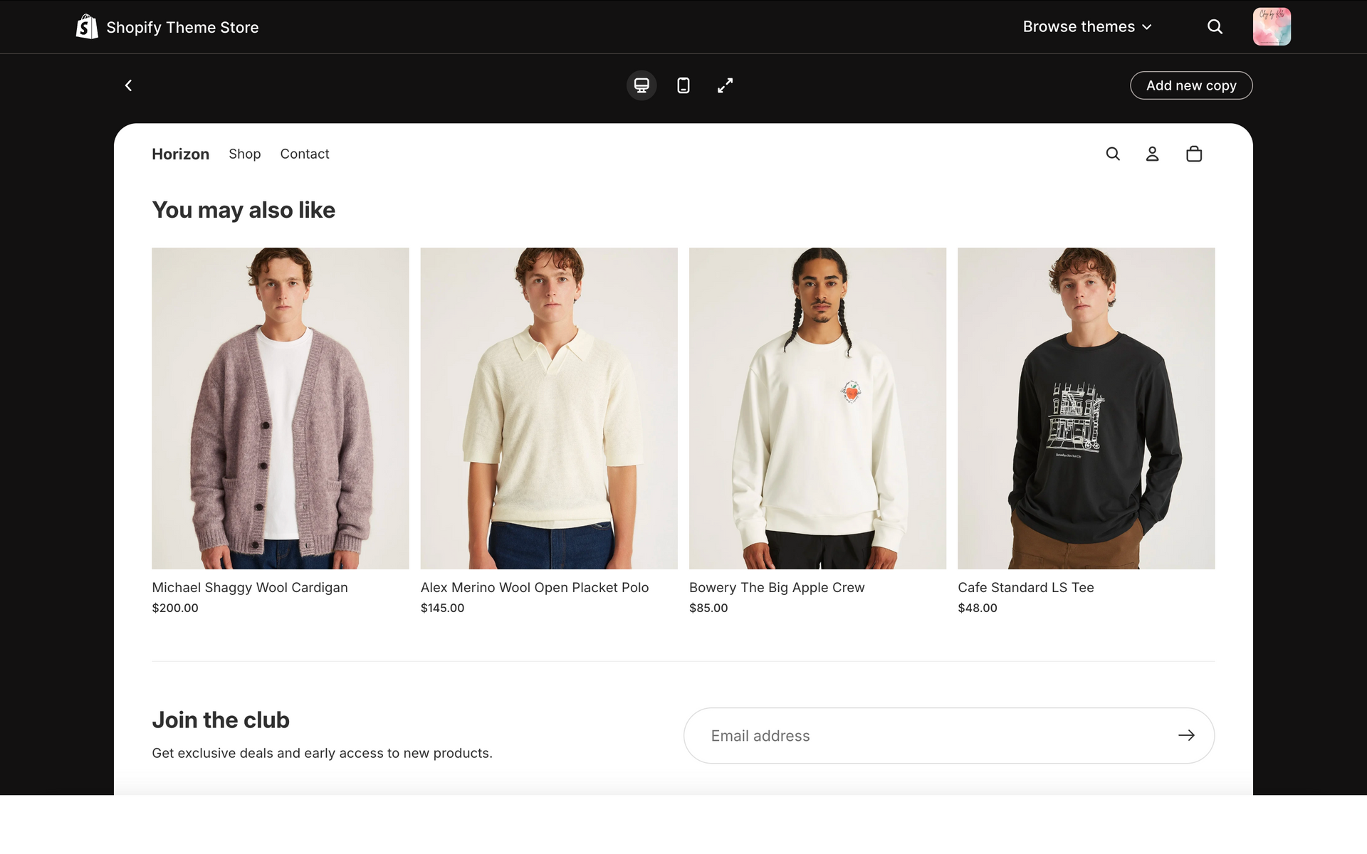Online shopping page showing four men's tops in neutral colors on a product grid