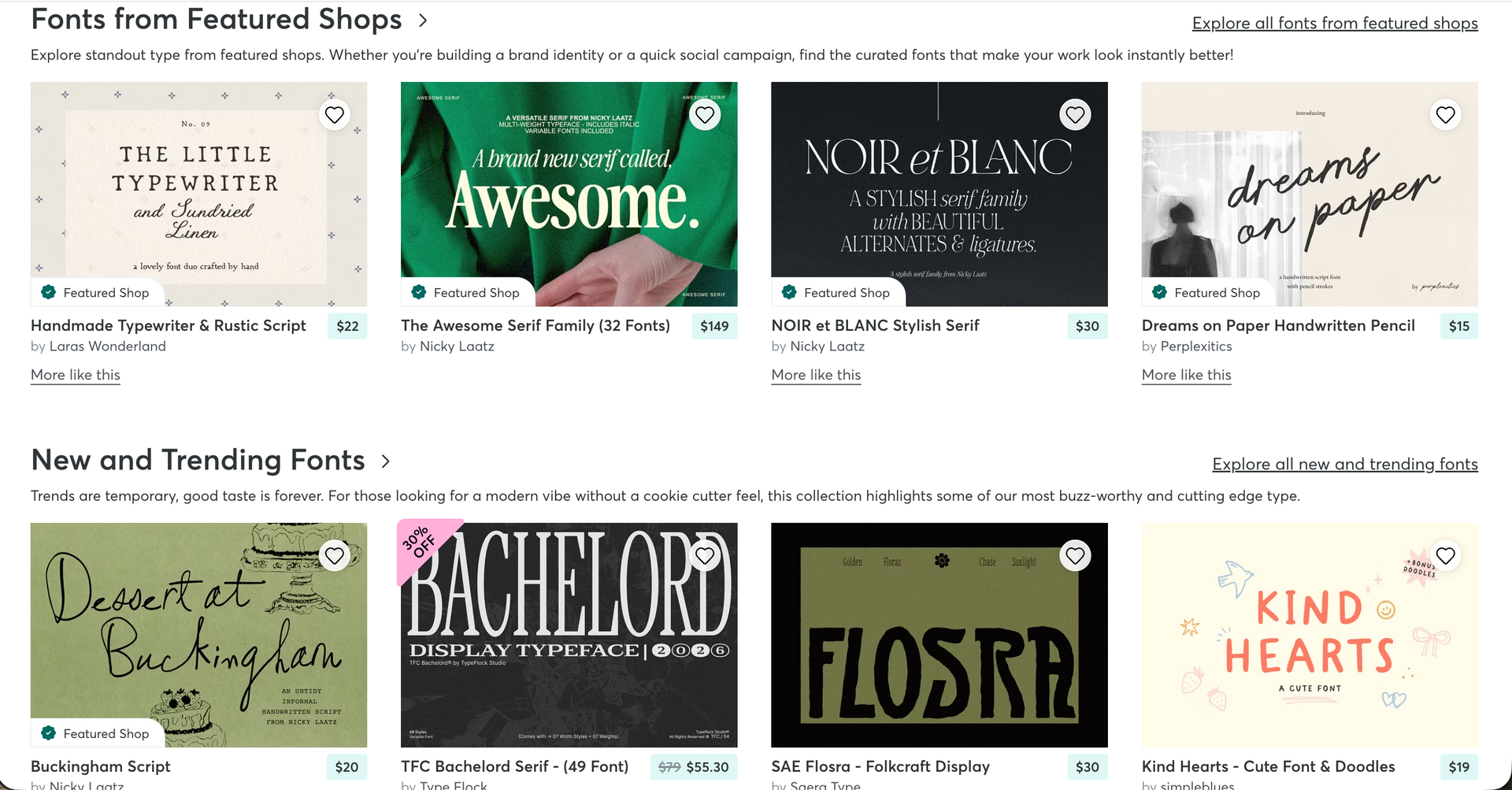 Website page showing font feature shapes and trending fonts in thumbnail cards