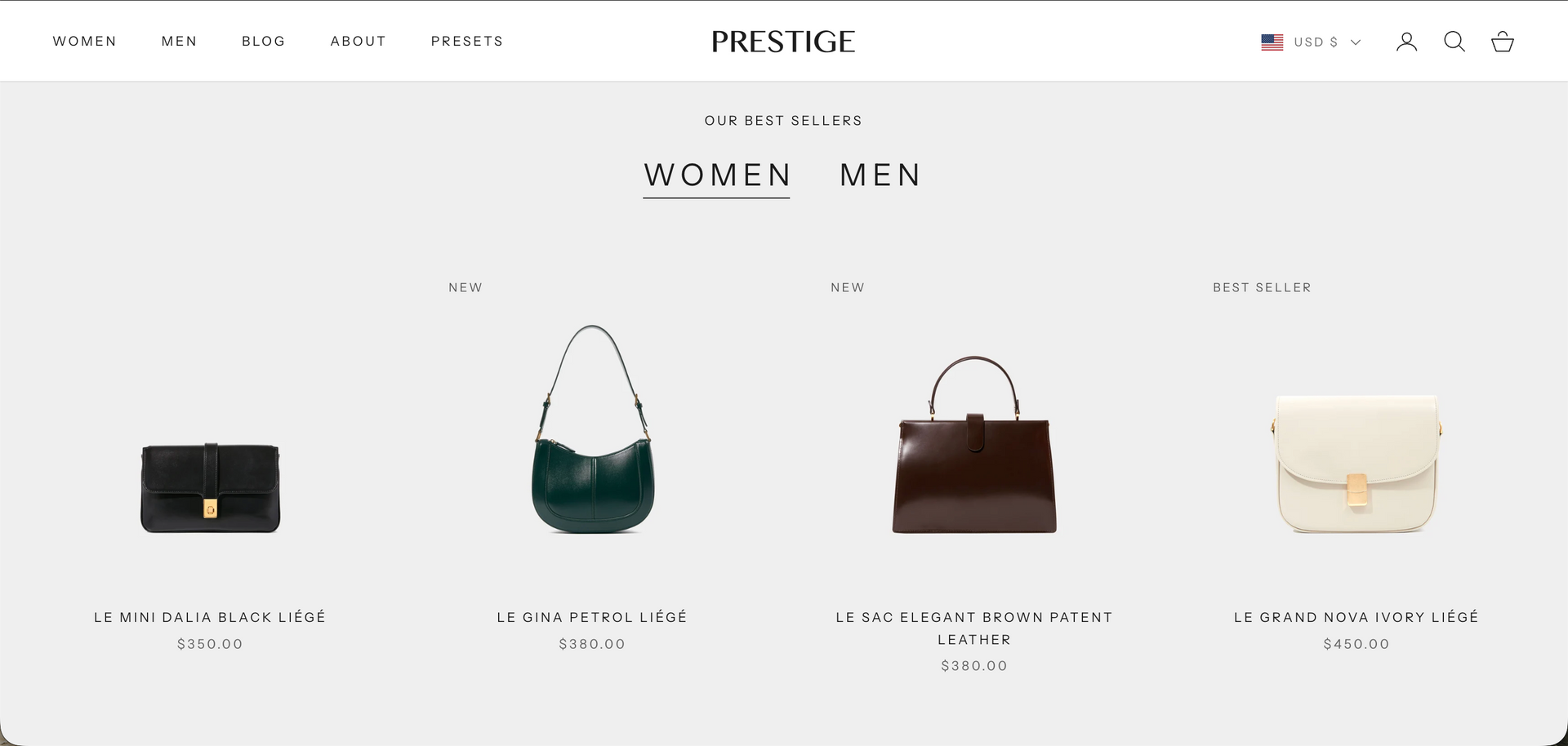 Luxury handbag shopping page showing four purses in black, green, brown, and cream on a white background