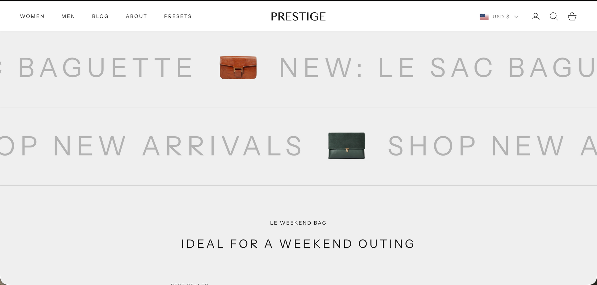 Luxury handbag website banner with beige text and product image, promoting new arrivals and a baguette bag