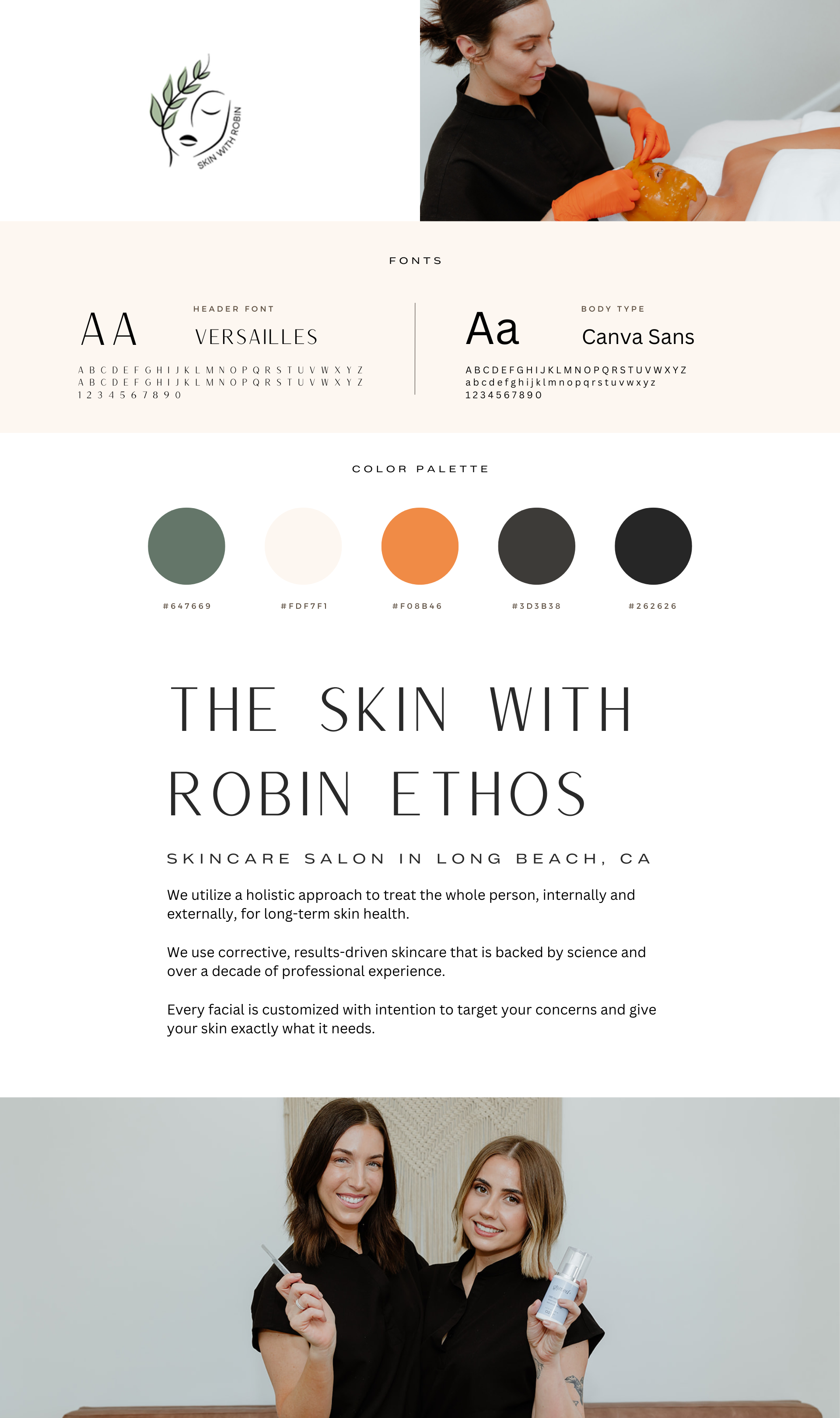 Brand mood board with typography, color swatches, and two women smiling in a studio setting