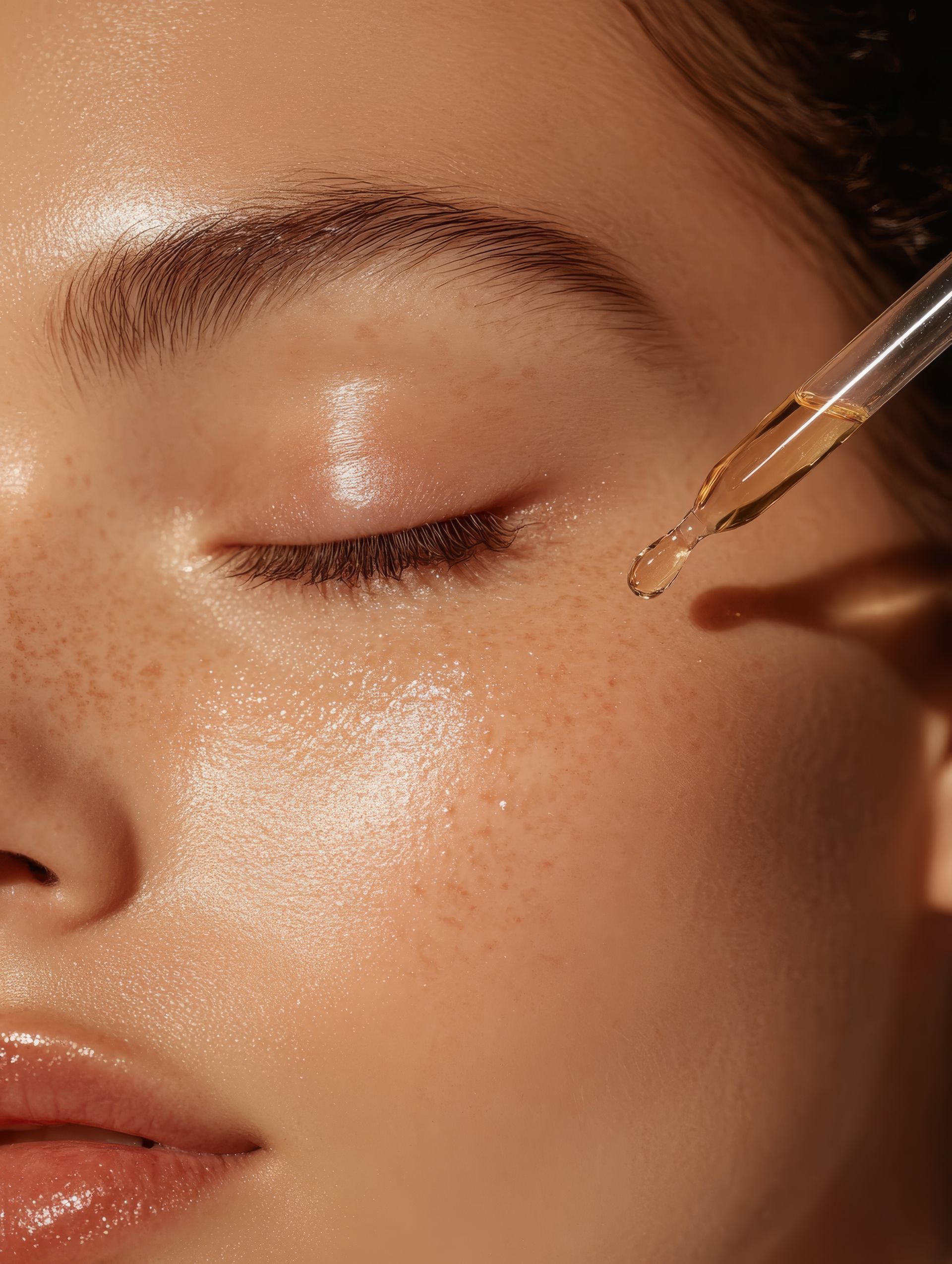 Close-up of a face applying facial serum with a dropper near the cheek