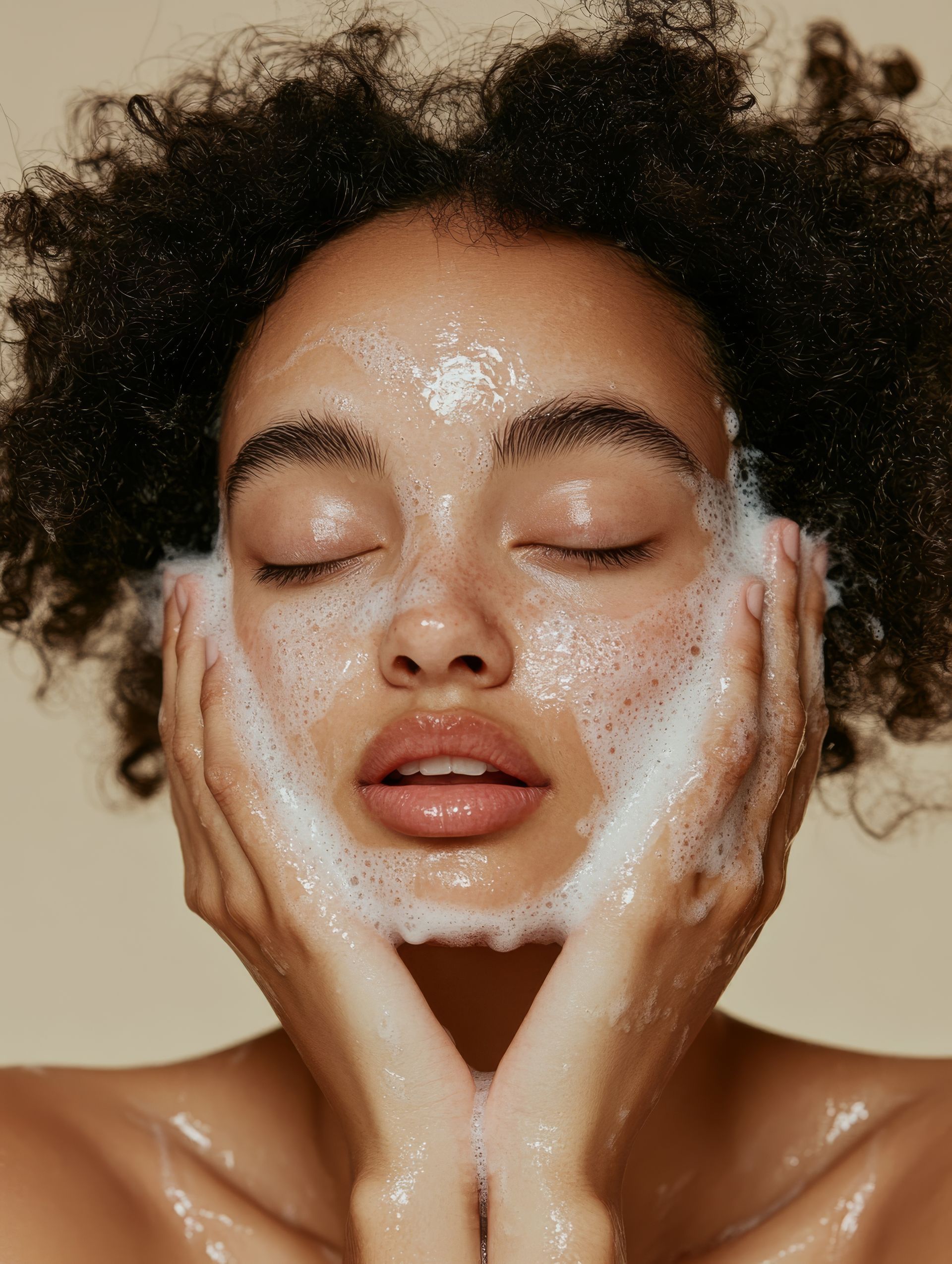 Close-up portrait of a person with eyes closed, hands on cheeks, covered in foamy facial cleanser.