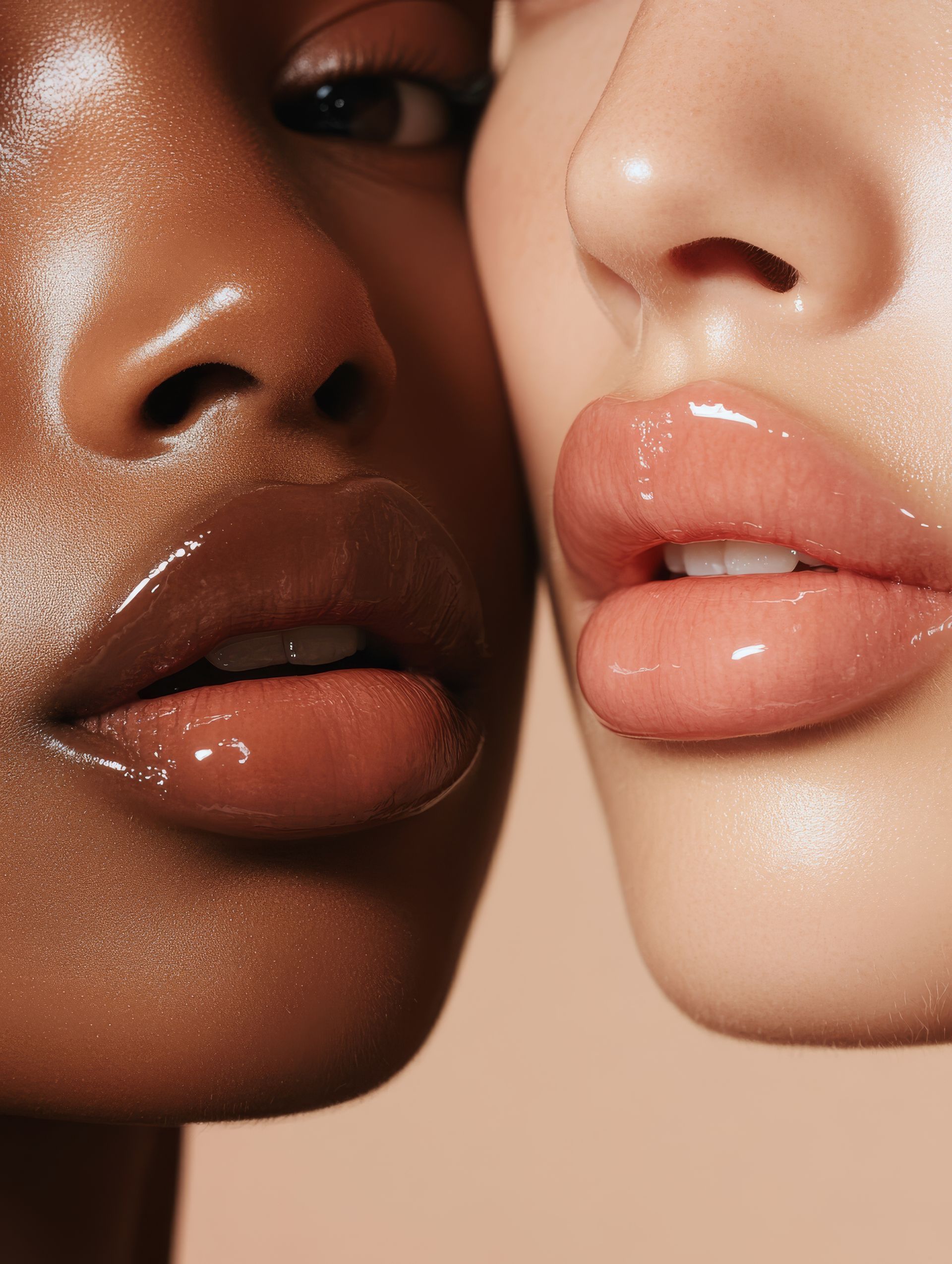 Two glossy lips in close-up, one dark and one light skin tone, nearly touching