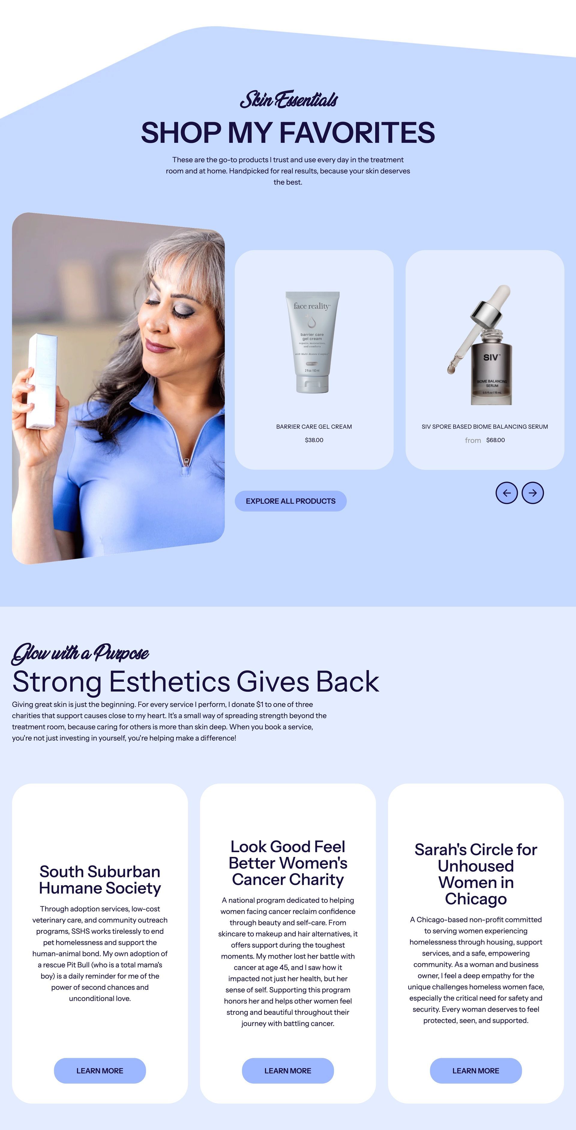 Woman holding skincare product, product display, and charitable giving promotion.