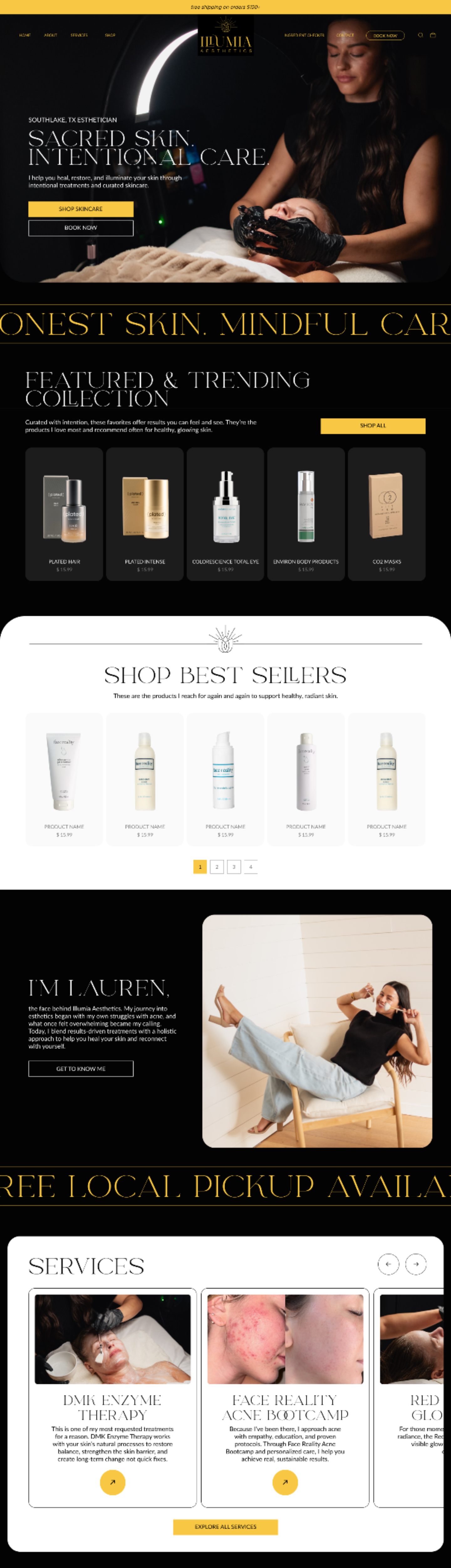 A collage showcasing a luxury skincare brand's website featuring product shots, a treatment service, and glowing reviews.