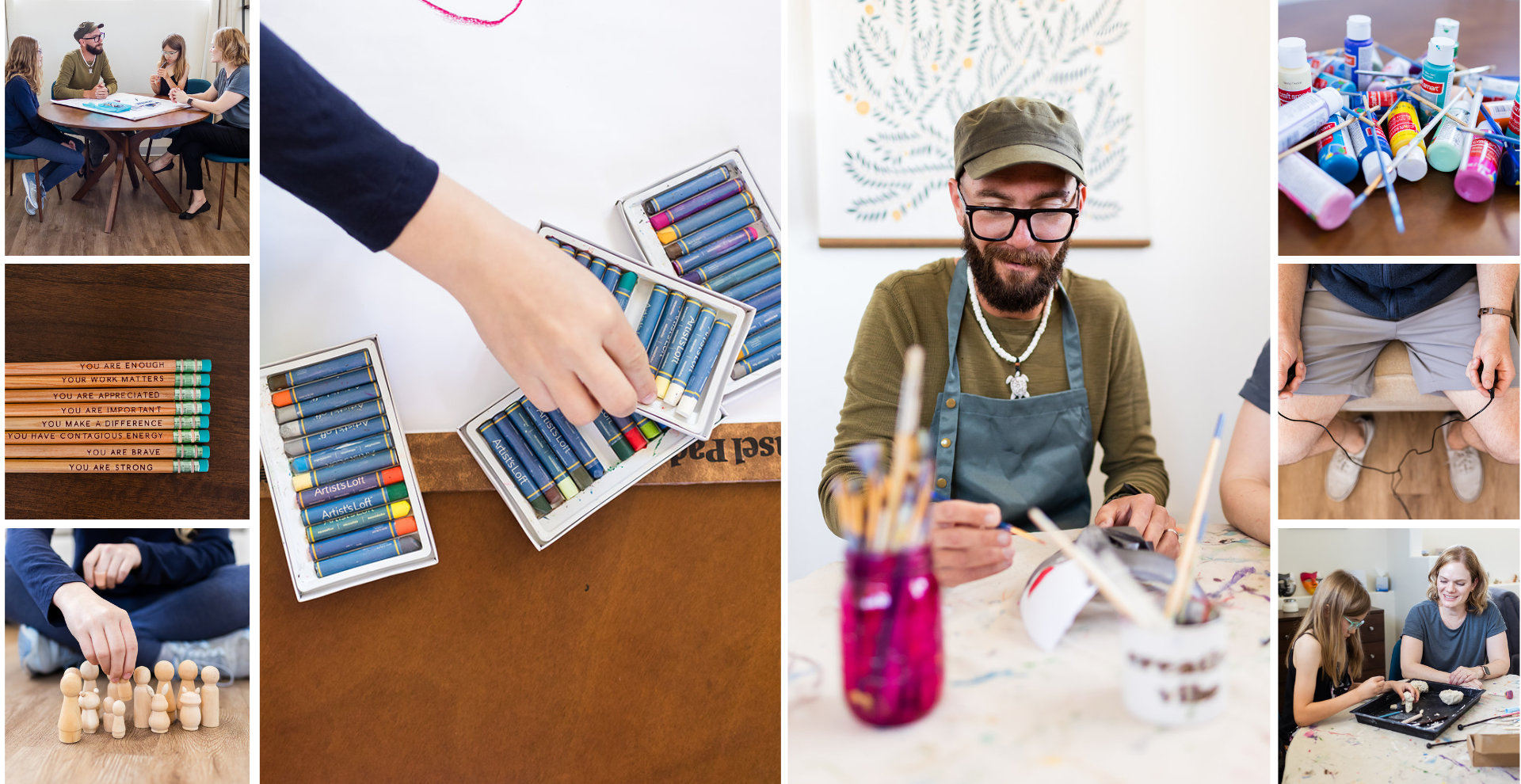 Collage of people painting with watercolor sets at a table in a creative workshop
