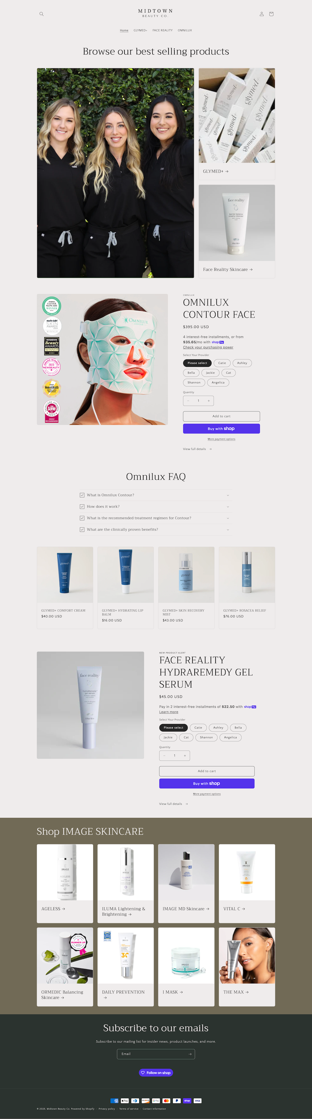 A product webpage for skincare items, featuring a model applying a face mask, product listings, and brand navigation links.