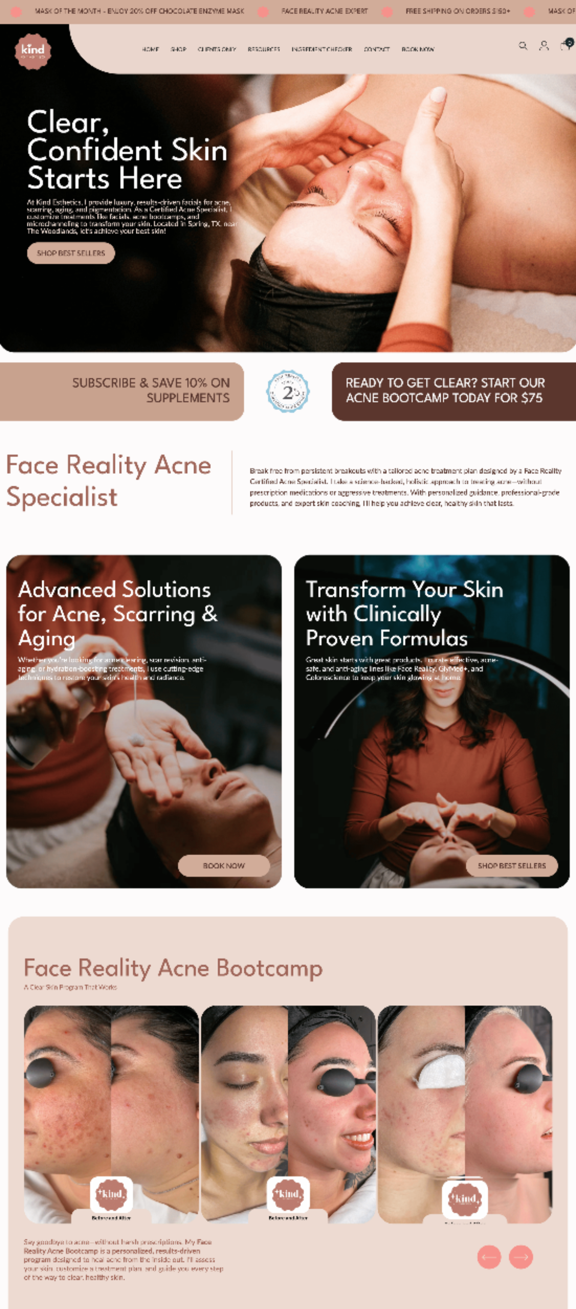 Skincare website homepage with pink tones, face massage hero image, product cards, and makeup tutorial thumbnails