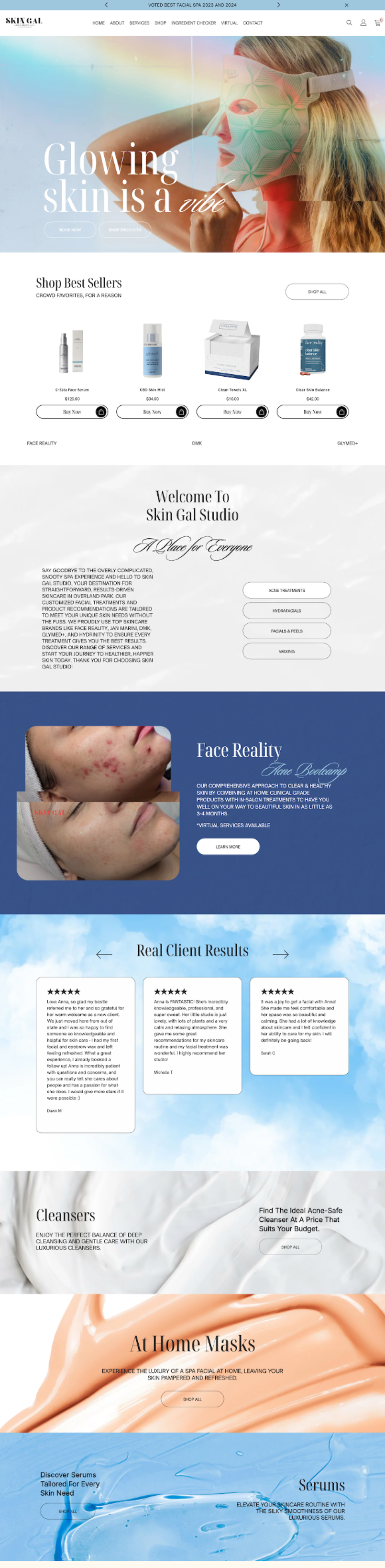 A skincare brand website homepage featuring product listings, before-and-after results, and brand information sections.
