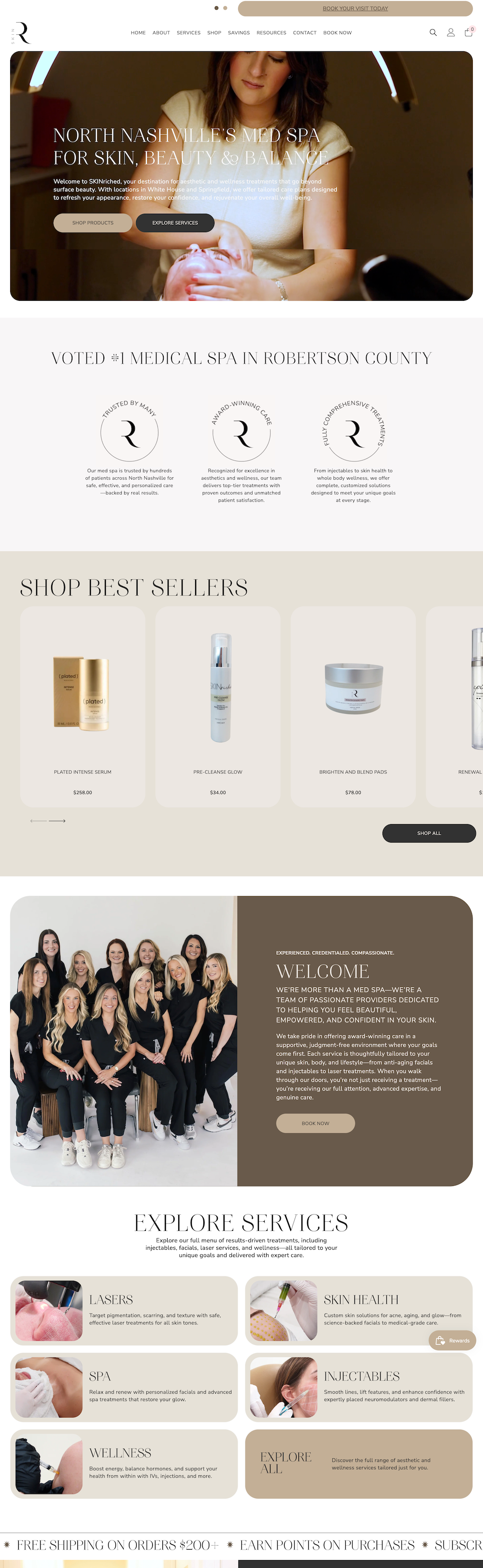 Website homepage collage with skincare products, lifestyle photos, and a group team portrait.