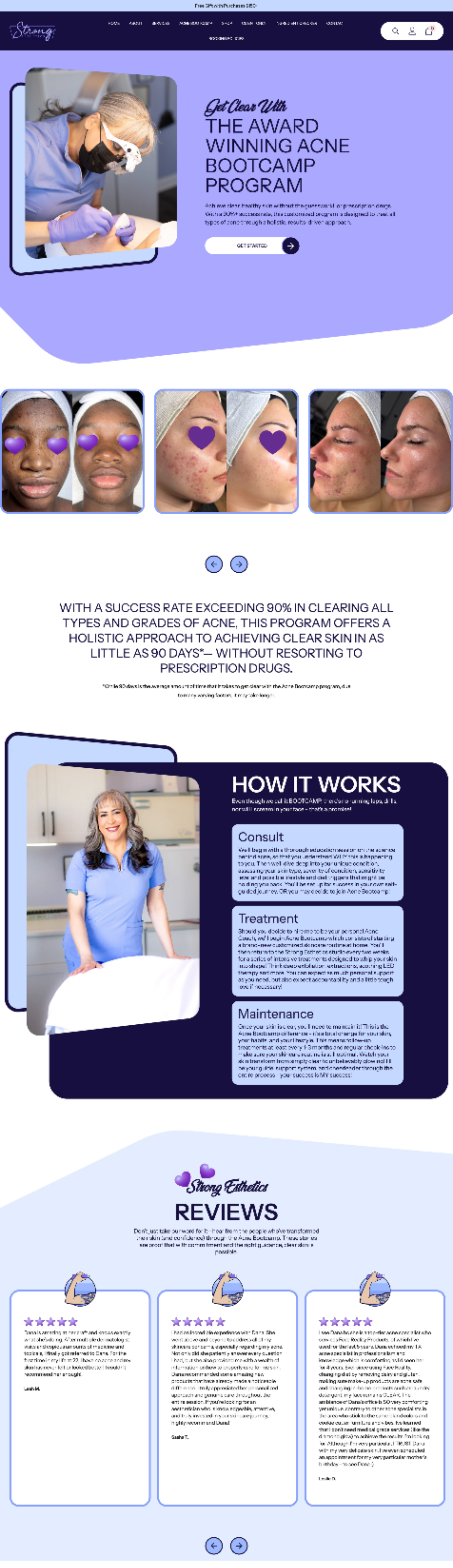 Website for a dermatology clinic featuring treatment photos, provider bio, and service descriptions on a light purple background.