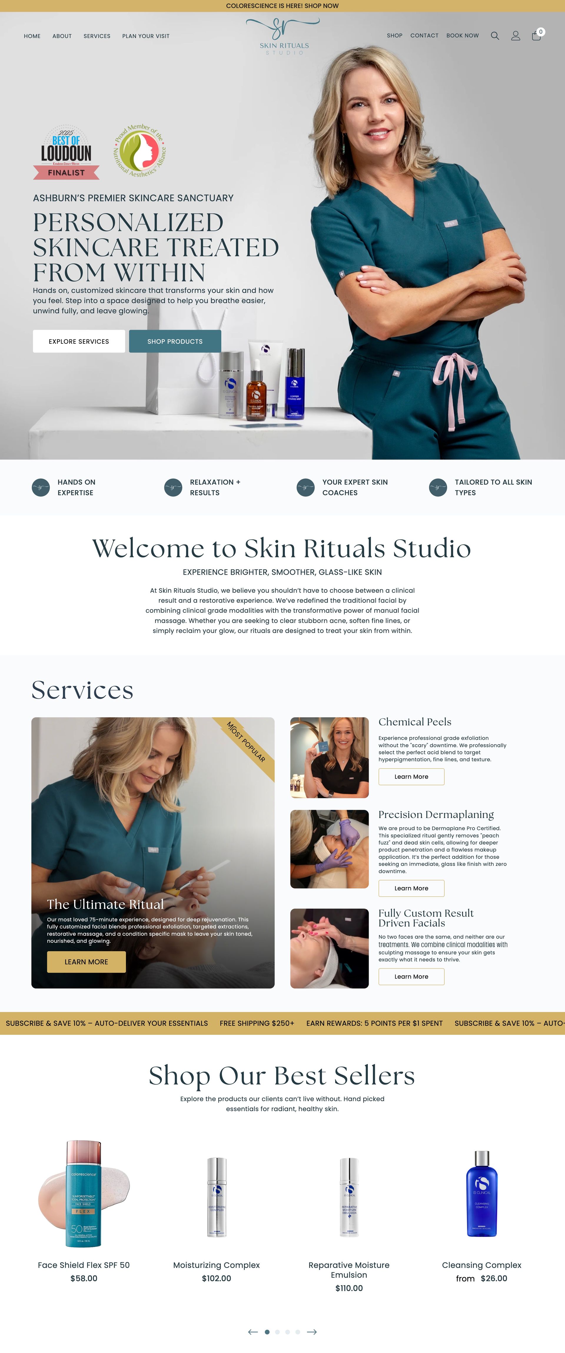 E-commerce webpage for a hair care brand featuring a smiling woman beside shampoo products and product tiles.