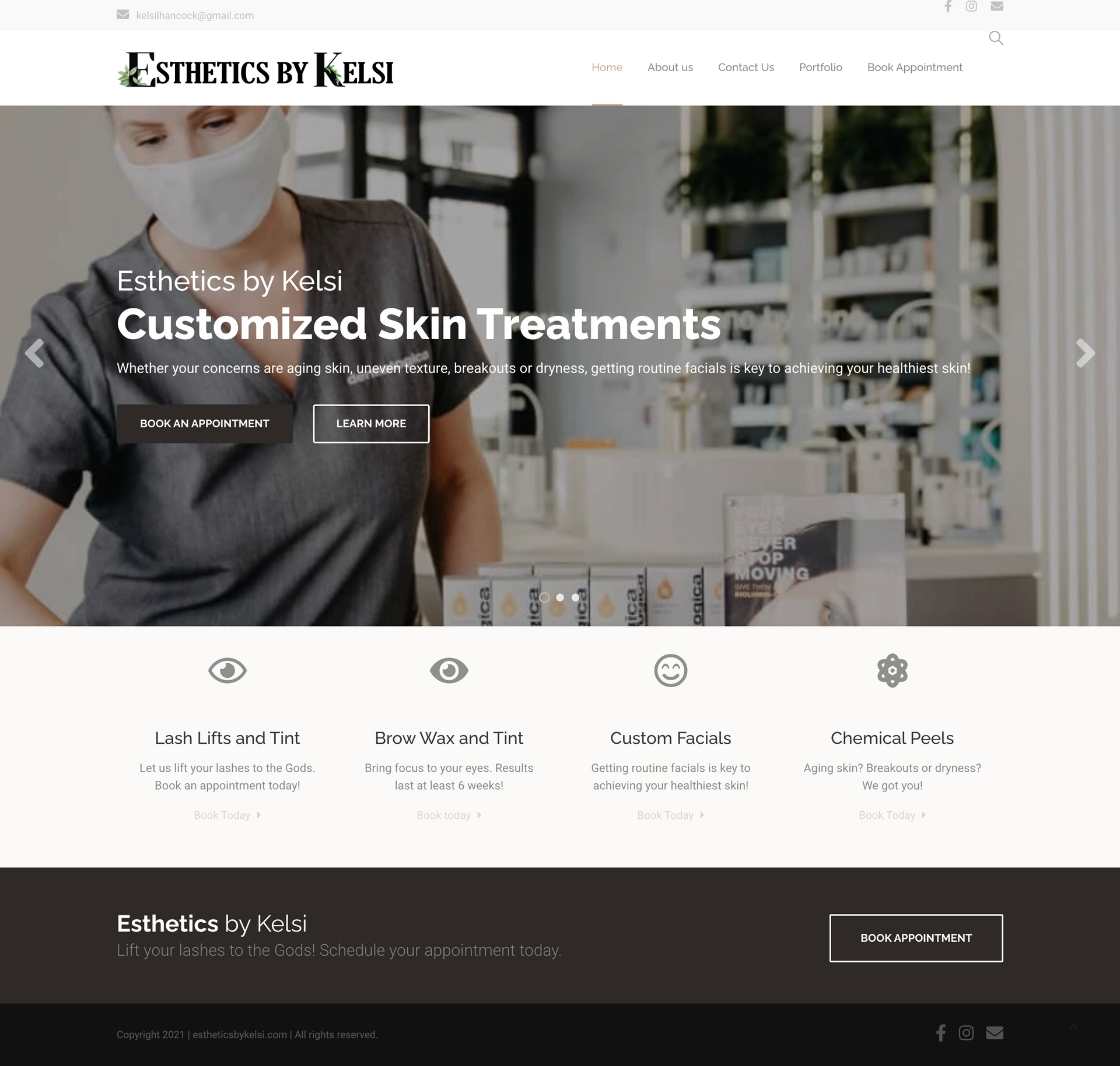 Spa website homepage featuring “Customized Skin Treatments” over a clinic reception image