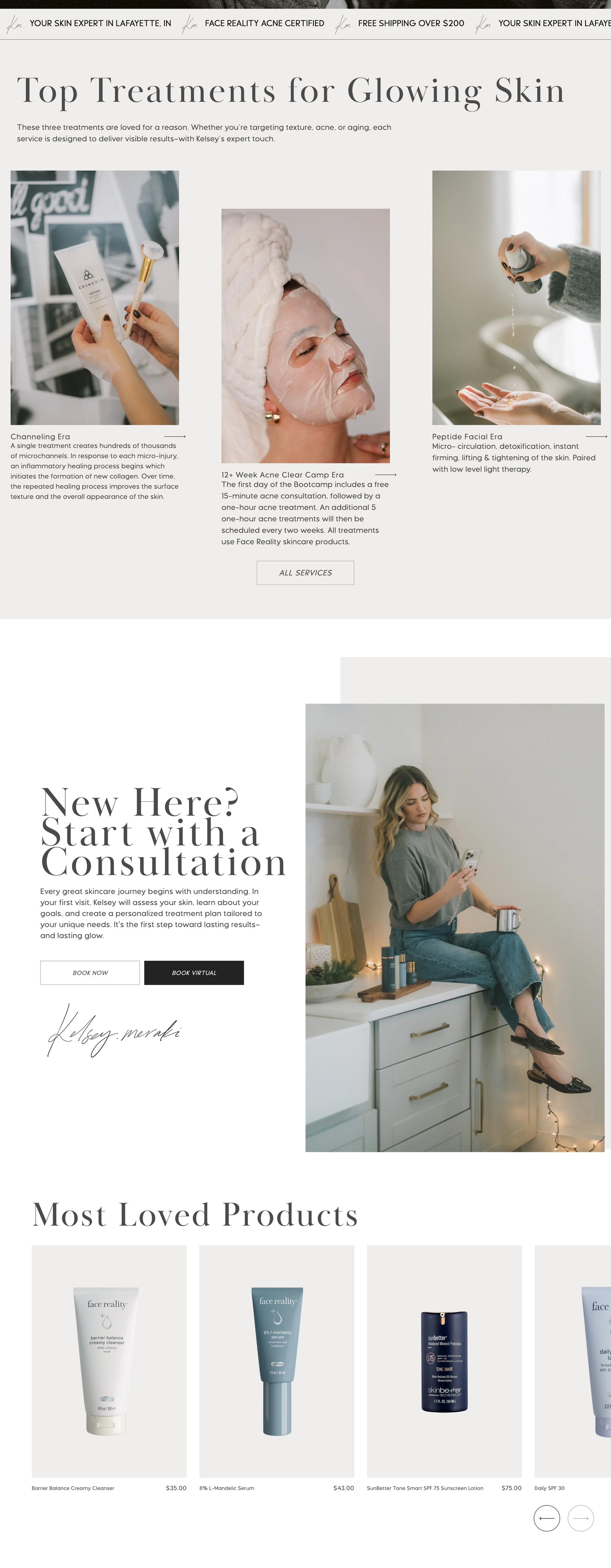 Beauty website homepage with product photos, skincare text, and a woman applying makeup in a bathroom