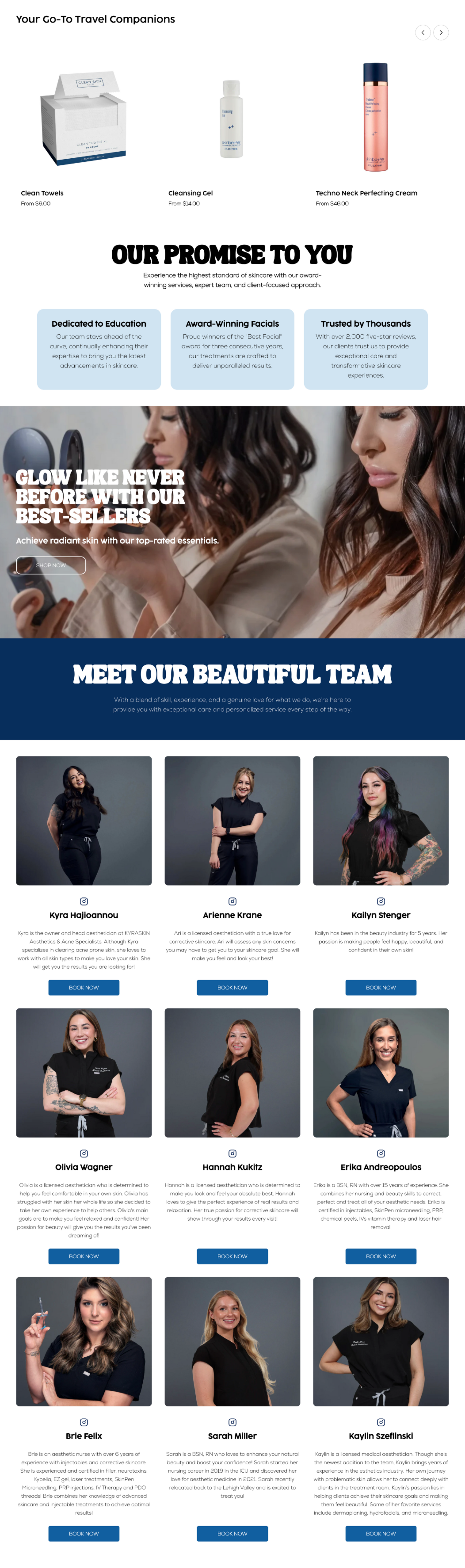 website with product shots and a model in black-and-white outfit poses on a blue background